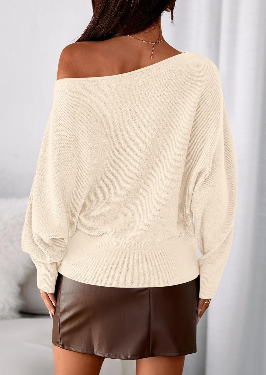 imagePRETTYGARDEN Women Off The Shoulder Sweater 2025 Fall Trendy Long Batwing Sleeve Knit Pullover Going Out Tops Winter ClothingBeige