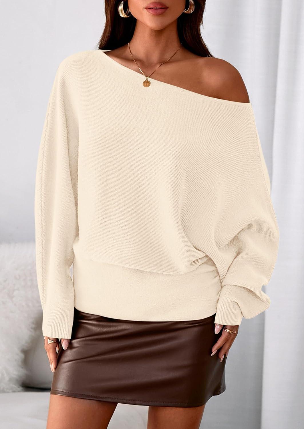 imagePRETTYGARDEN Women Off The Shoulder Sweater 2025 Fall Trendy Long Batwing Sleeve Knit Pullover Going Out Tops Winter ClothingBeige