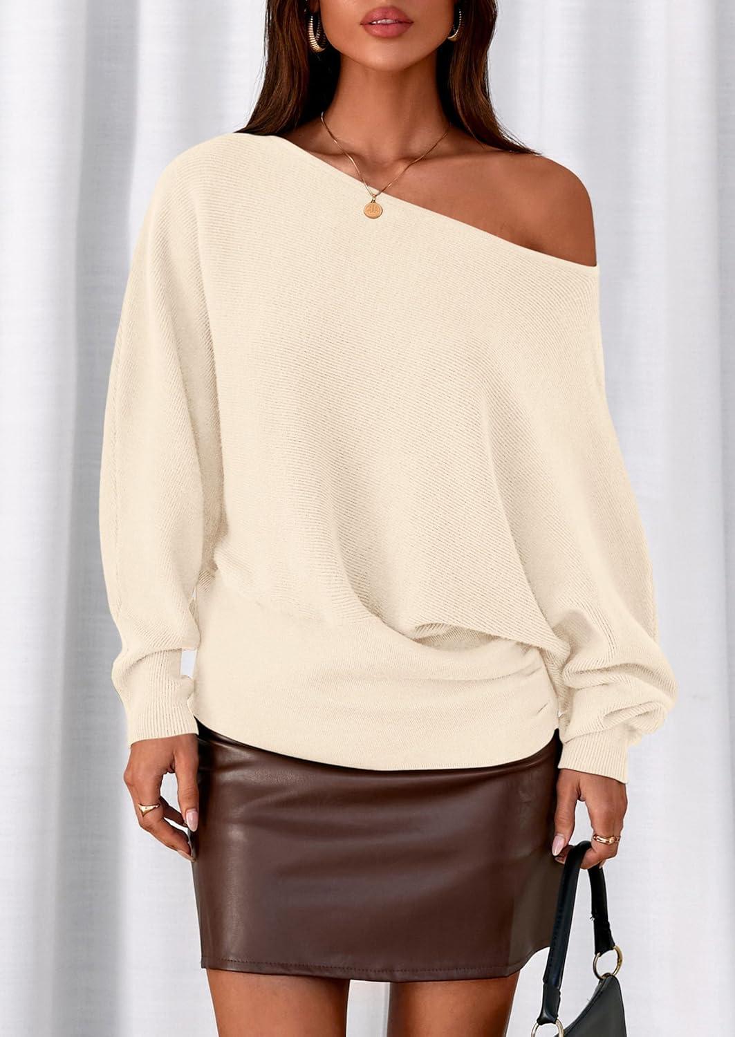 imagePRETTYGARDEN Women Off The Shoulder Sweater 2025 Fall Trendy Long Batwing Sleeve Knit Pullover Going Out Tops Winter ClothingBeige