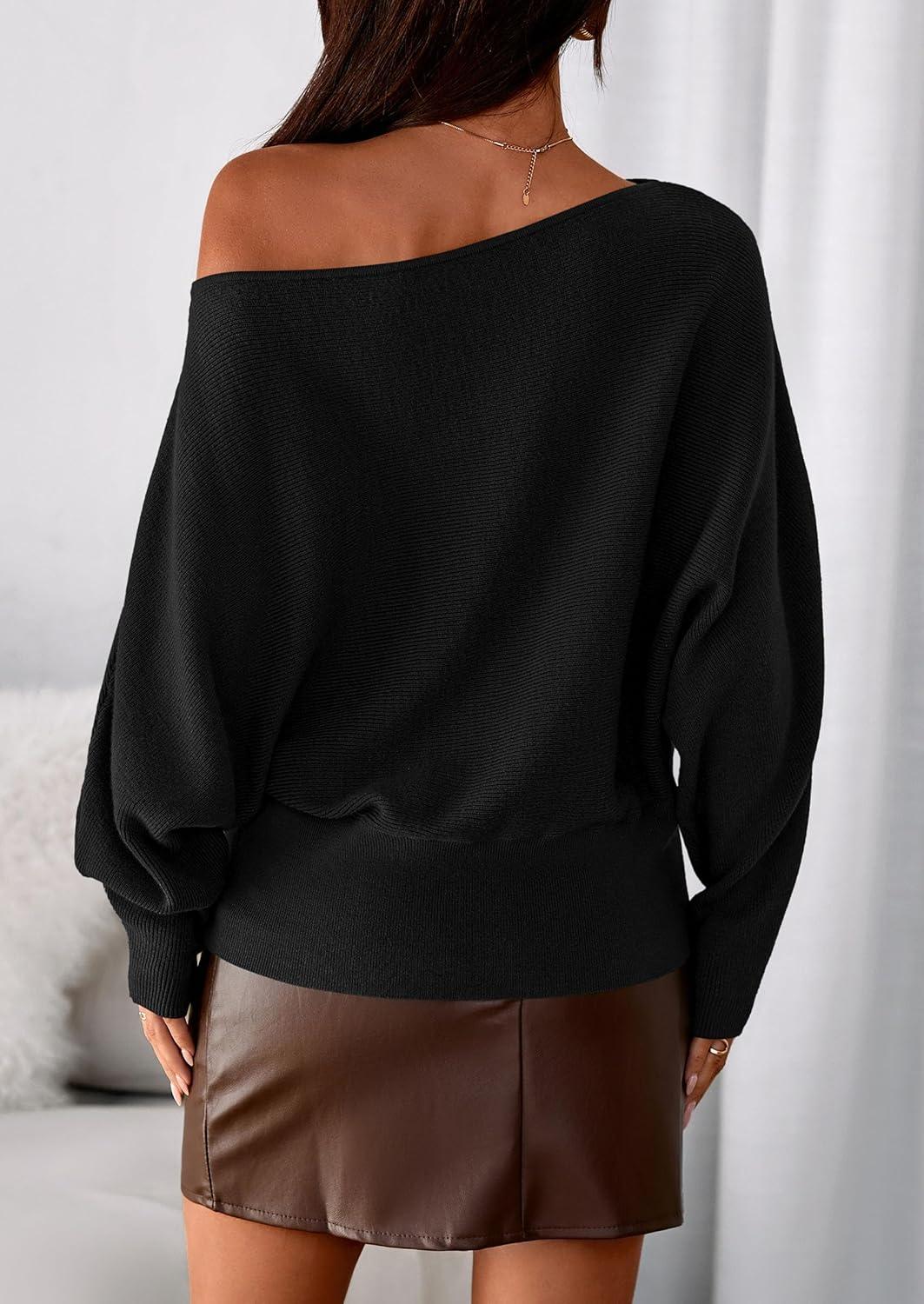 imagePRETTYGARDEN Women Off The Shoulder Sweater 2025 Fall Trendy Long Batwing Sleeve Knit Pullover Going Out Tops Winter ClothingBlack