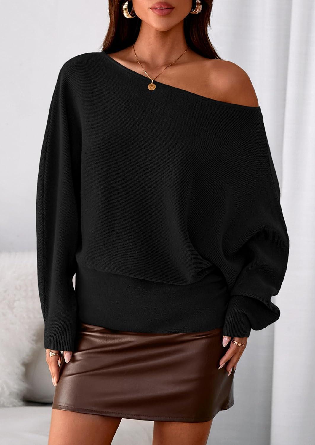 imagePRETTYGARDEN Women Off The Shoulder Sweater 2025 Fall Trendy Long Batwing Sleeve Knit Pullover Going Out Tops Winter ClothingBlack