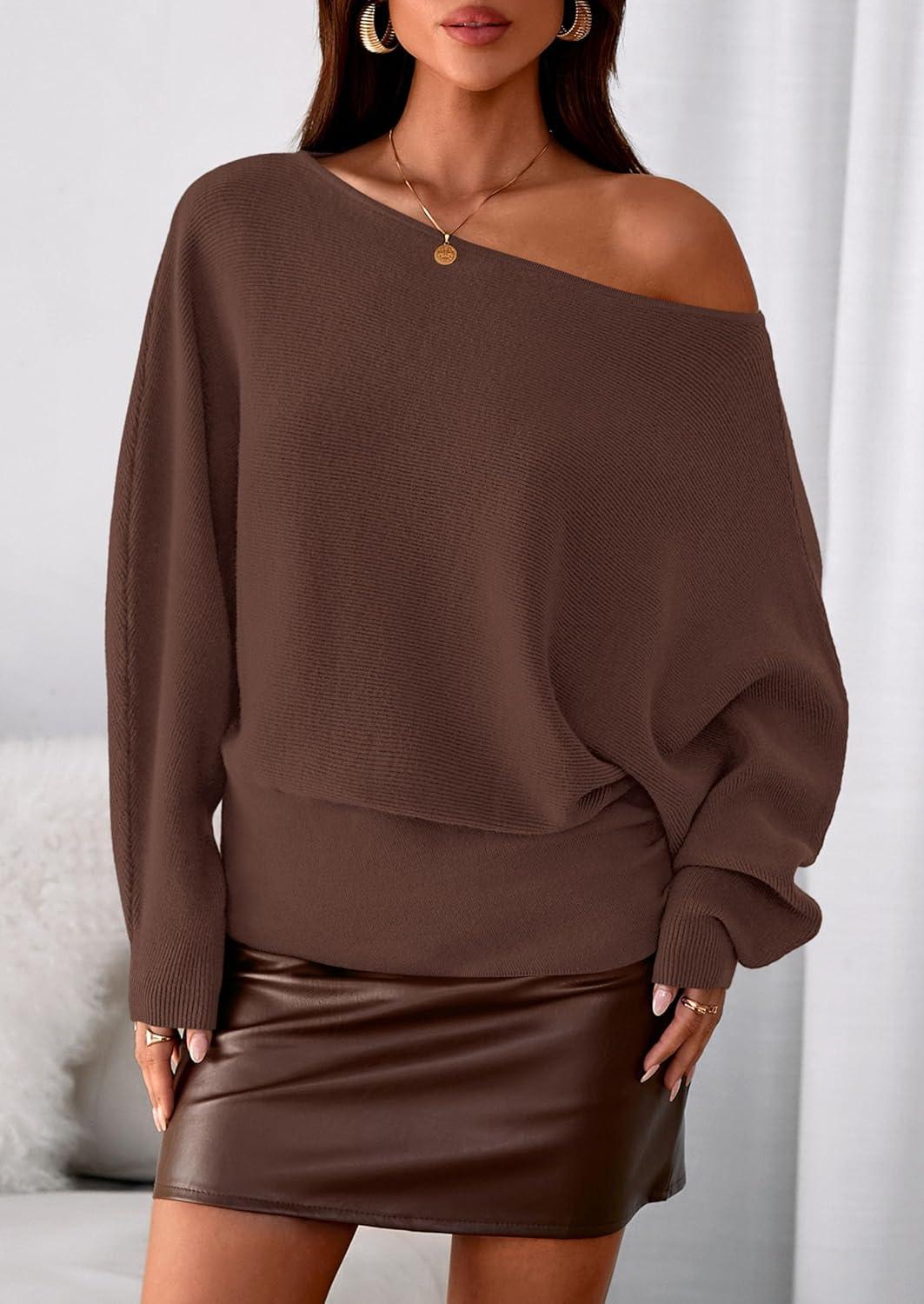 imagePRETTYGARDEN Women Off The Shoulder Sweater 2025 Fall Trendy Long Batwing Sleeve Knit Pullover Going Out Tops Winter ClothingBrown