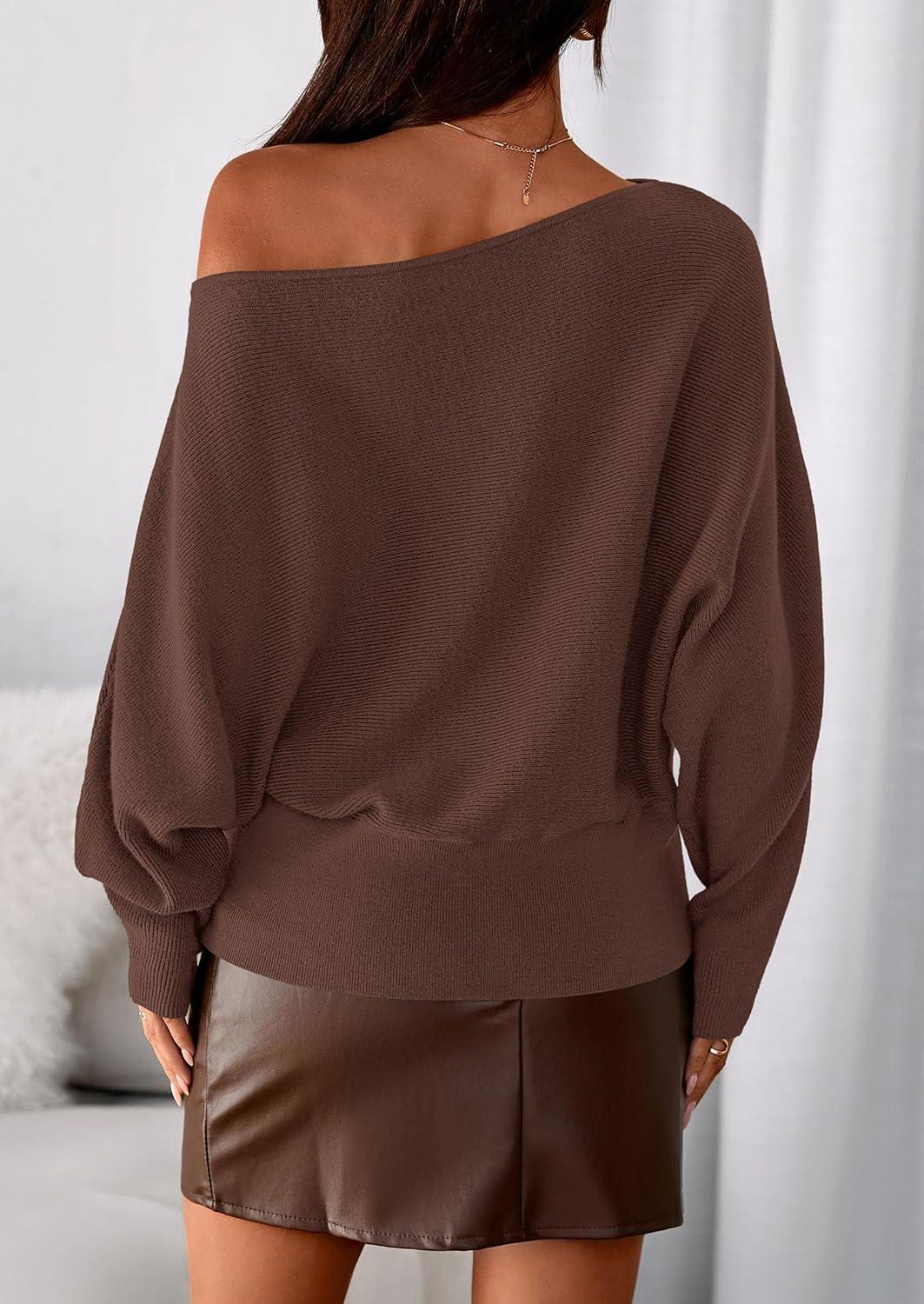 imagePRETTYGARDEN Women Off The Shoulder Sweater 2025 Fall Trendy Long Batwing Sleeve Knit Pullover Going Out Tops Winter ClothingBrown