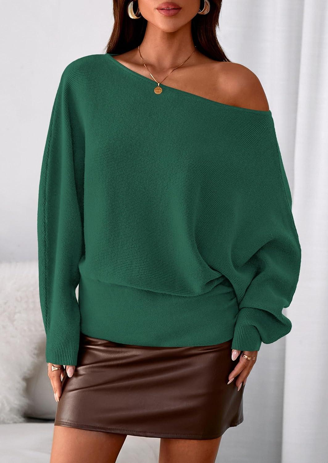 imagePRETTYGARDEN Women Off The Shoulder Sweater 2025 Fall Trendy Long Batwing Sleeve Knit Pullover Going Out Tops Winter ClothingGreen