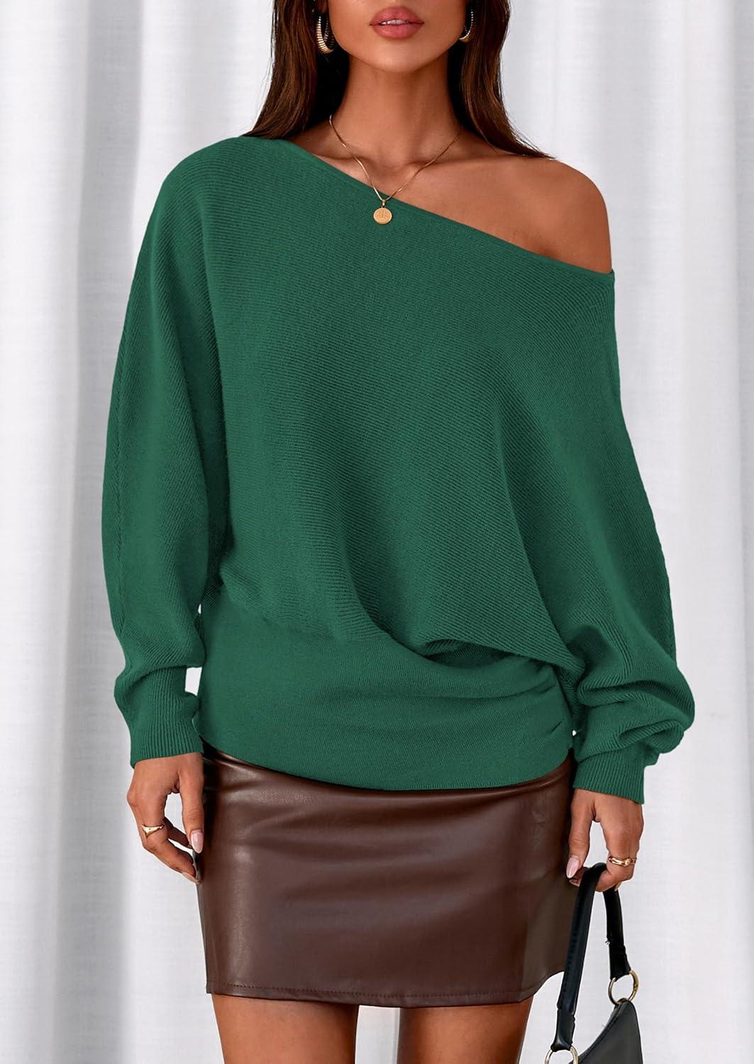 imagePRETTYGARDEN Women Off The Shoulder Sweater 2025 Fall Trendy Long Batwing Sleeve Knit Pullover Going Out Tops Winter ClothingGreen
