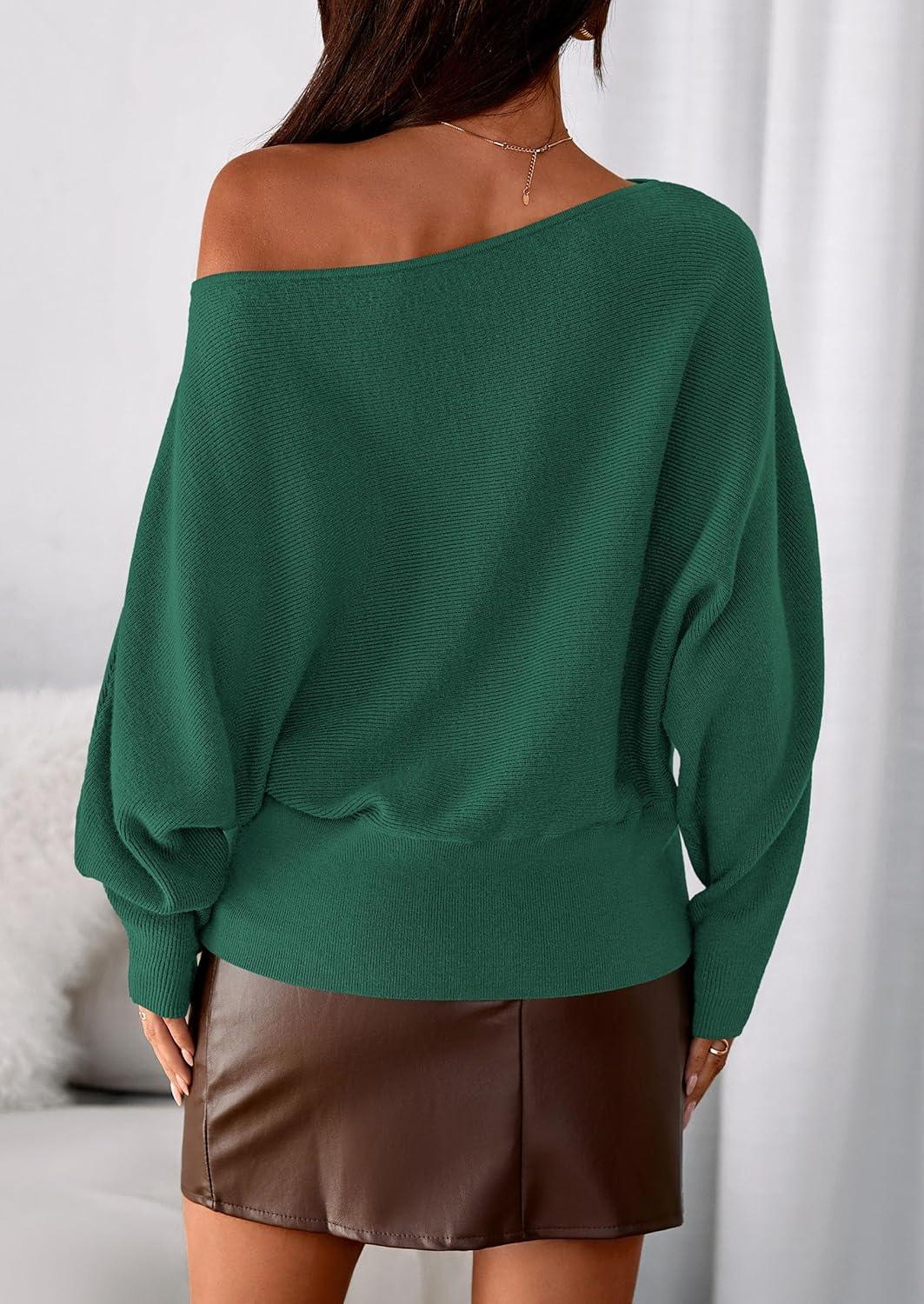 imagePRETTYGARDEN Women Off The Shoulder Sweater 2025 Fall Trendy Long Batwing Sleeve Knit Pullover Going Out Tops Winter ClothingGreen