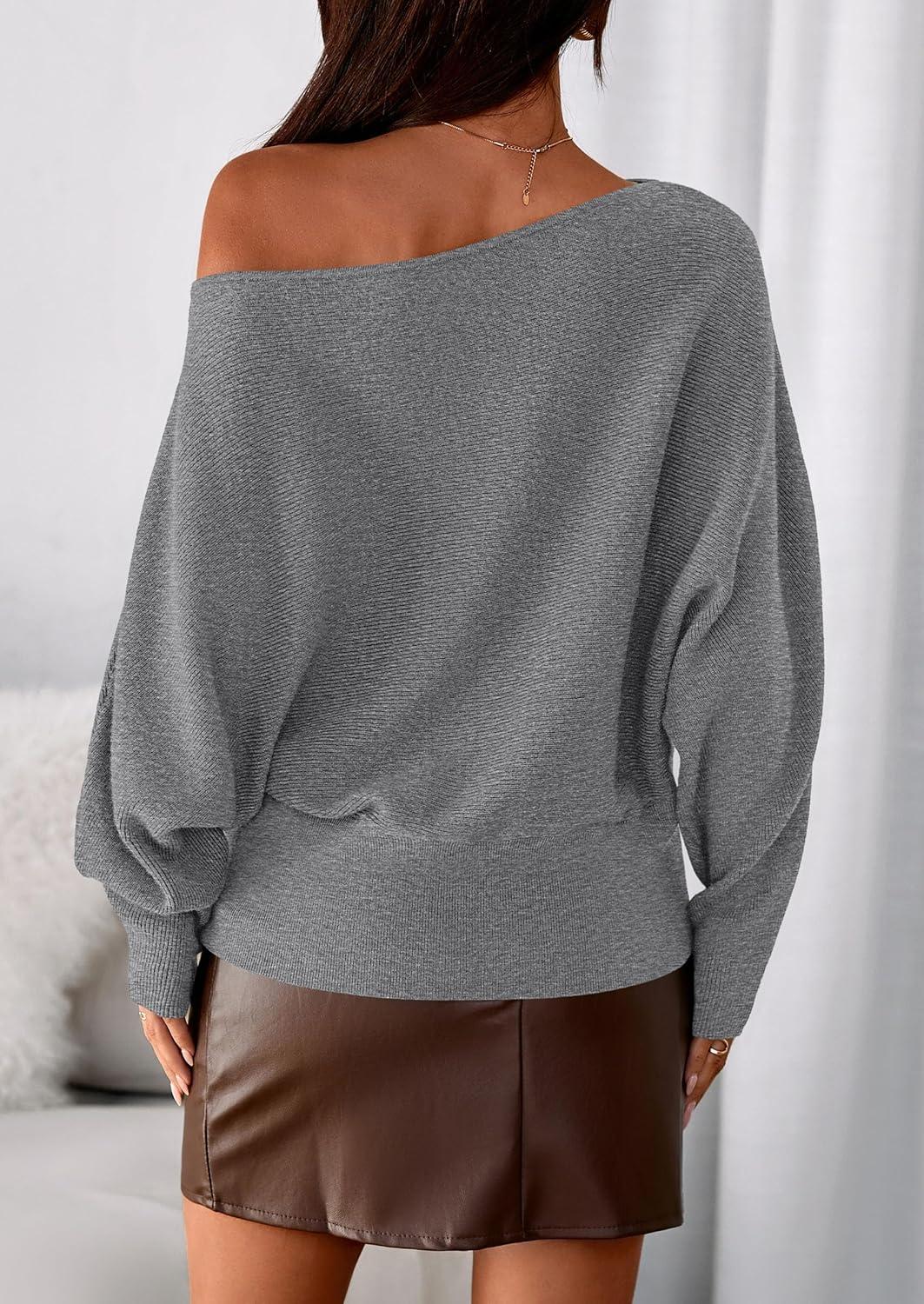 imagePRETTYGARDEN Women Off The Shoulder Sweater 2025 Fall Trendy Long Batwing Sleeve Knit Pullover Going Out Tops Winter ClothingGrey
