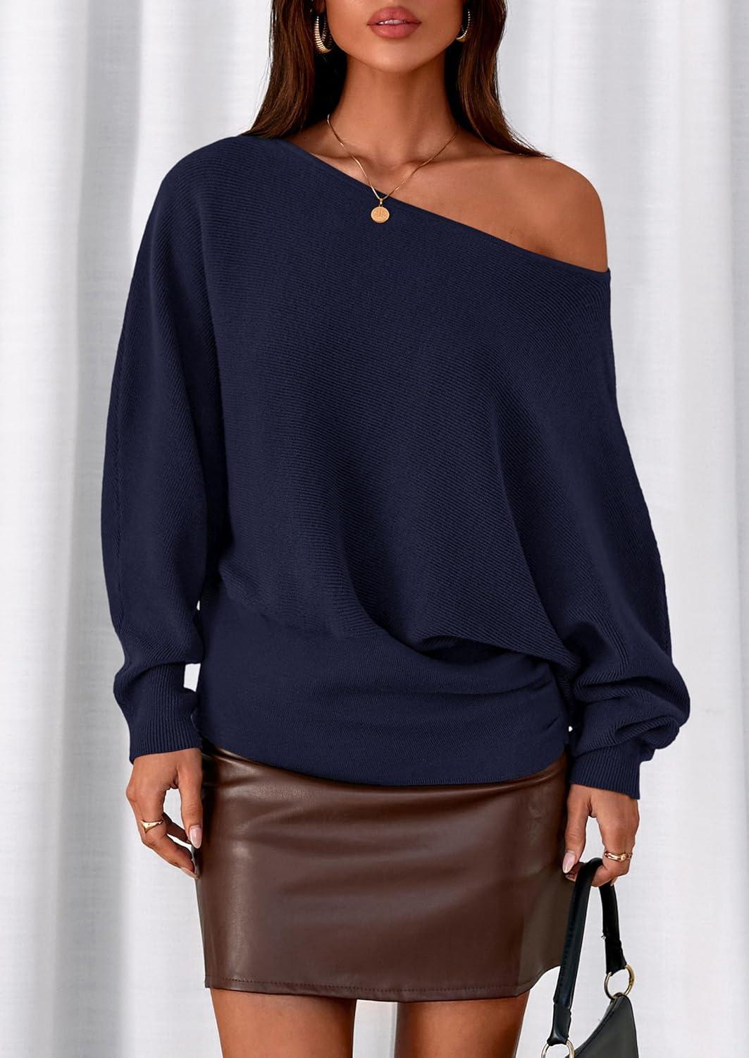 imagePRETTYGARDEN Women Off The Shoulder Sweater 2025 Fall Trendy Long Batwing Sleeve Knit Pullover Going Out Tops Winter ClothingNavy Blue