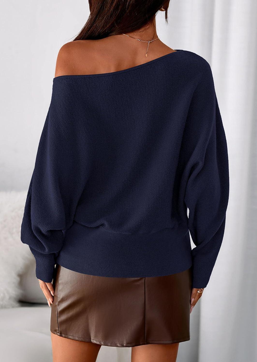 imagePRETTYGARDEN Women Off The Shoulder Sweater 2025 Fall Trendy Long Batwing Sleeve Knit Pullover Going Out Tops Winter ClothingNavy Blue