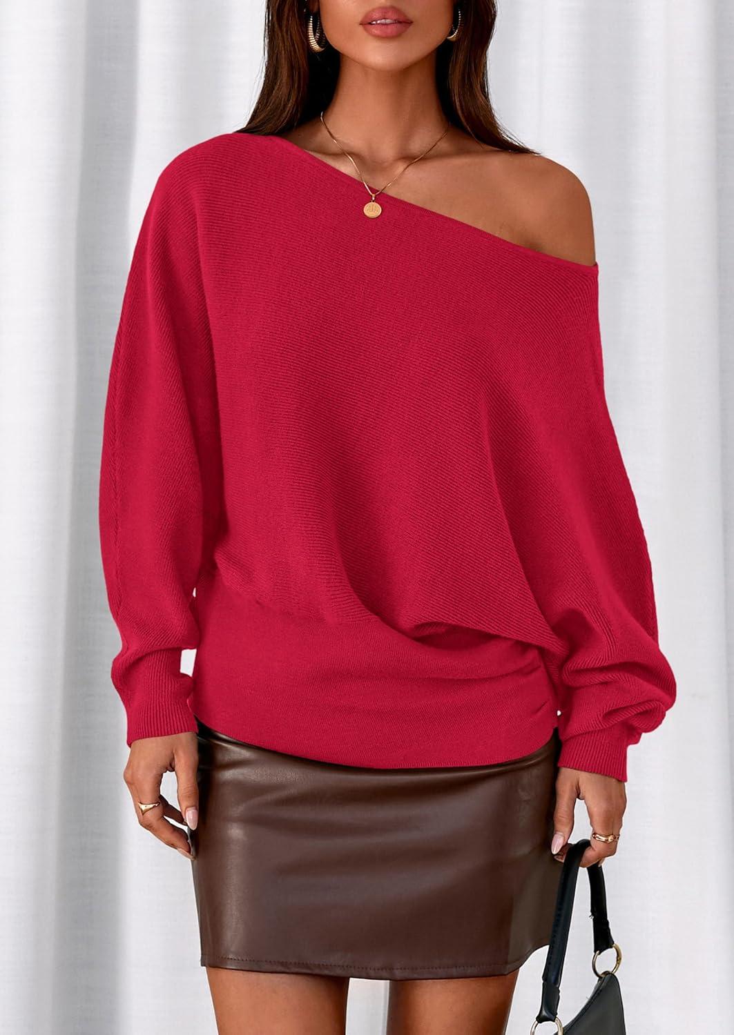 imagePRETTYGARDEN Women Off The Shoulder Sweater 2025 Fall Trendy Long Batwing Sleeve Knit Pullover Going Out Tops Winter ClothingRed