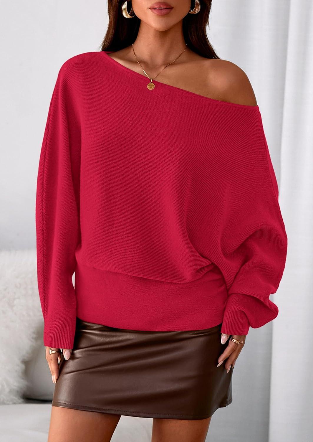 imagePRETTYGARDEN Women Off The Shoulder Sweater 2025 Fall Trendy Long Batwing Sleeve Knit Pullover Going Out Tops Winter ClothingRed