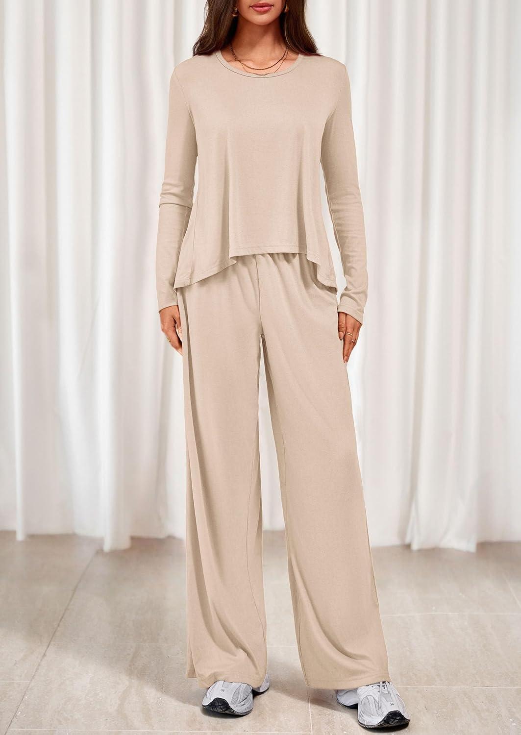 imagePRETTYGARDEN Womens 2 Piece Lounge Fall Sets 2025 Casual Long Sleeve Pajamas Comfy Pants Matching Travel Outfits ClothesBeige