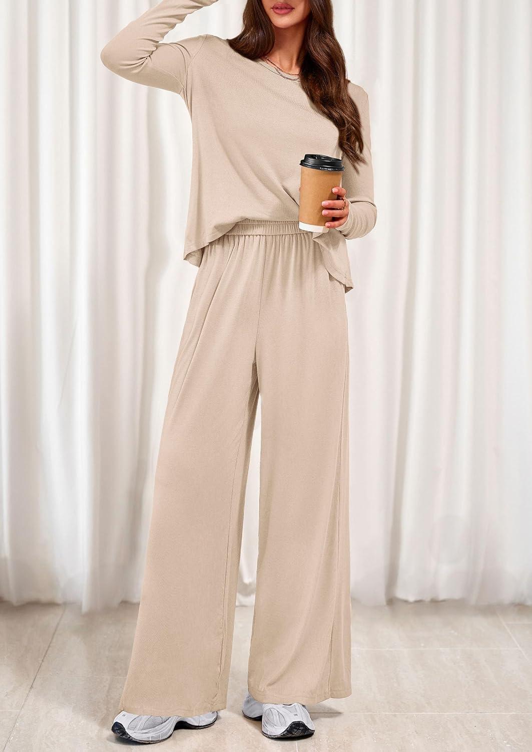 imagePRETTYGARDEN Womens 2 Piece Lounge Fall Sets 2025 Casual Long Sleeve Pajamas Comfy Pants Matching Travel Outfits ClothesBeige