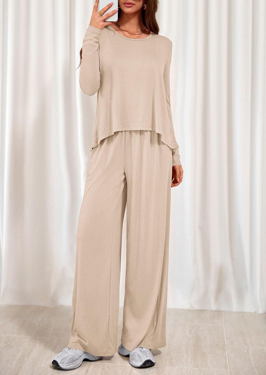 imagePRETTYGARDEN Womens 2 Piece Lounge Fall Sets 2025 Casual Long Sleeve Pajamas Comfy Pants Matching Travel Outfits ClothesBeige