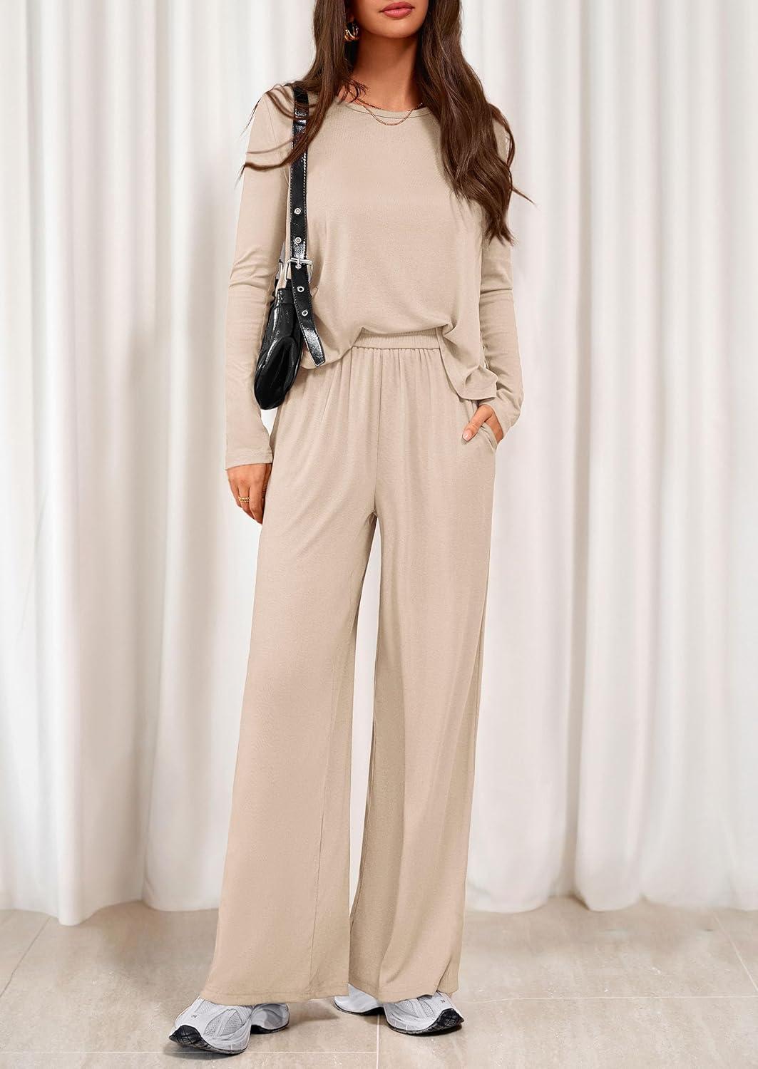 imagePRETTYGARDEN Womens 2 Piece Lounge Fall Sets 2025 Casual Long Sleeve Pajamas Comfy Pants Matching Travel Outfits ClothesBeige