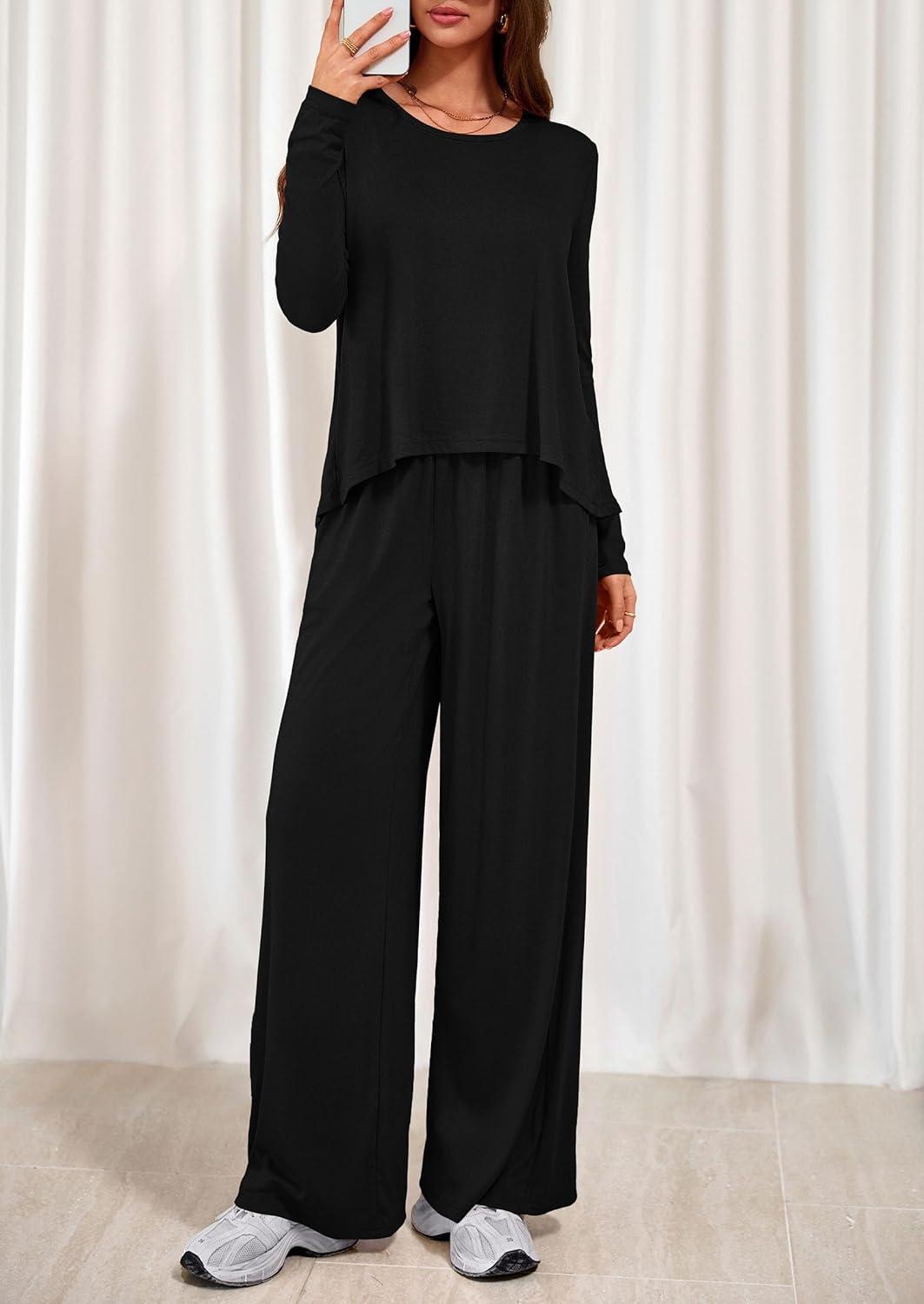 imagePRETTYGARDEN Womens 2 Piece Lounge Fall Sets 2025 Casual Long Sleeve Pajamas Comfy Pants Matching Travel Outfits ClothesBlack