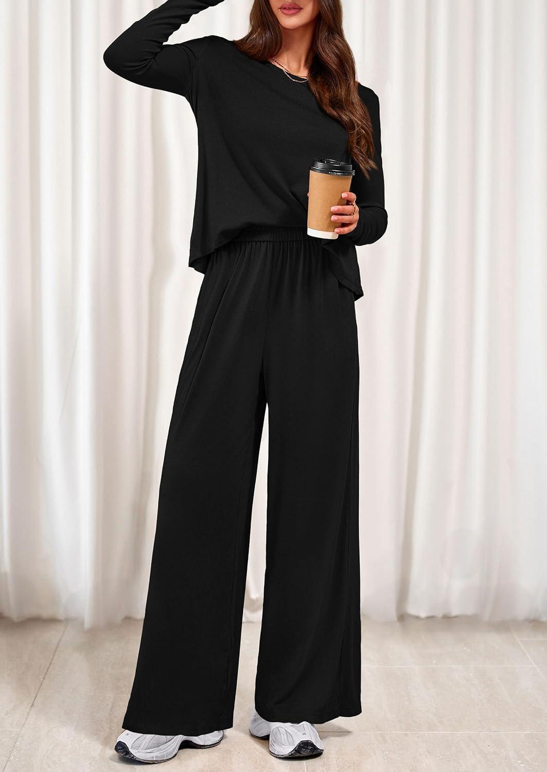 imagePRETTYGARDEN Womens 2 Piece Lounge Fall Sets 2025 Casual Long Sleeve Pajamas Comfy Pants Matching Travel Outfits ClothesBlack
