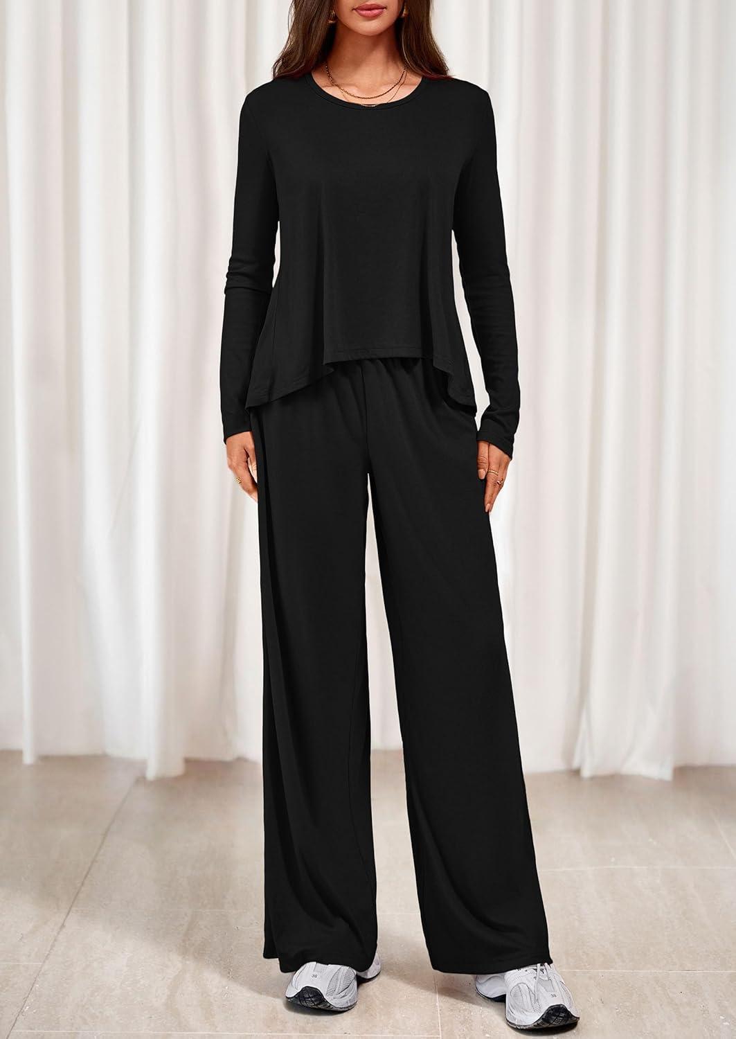 imagePRETTYGARDEN Womens 2 Piece Lounge Fall Sets 2025 Casual Long Sleeve Pajamas Comfy Pants Matching Travel Outfits ClothesBlack