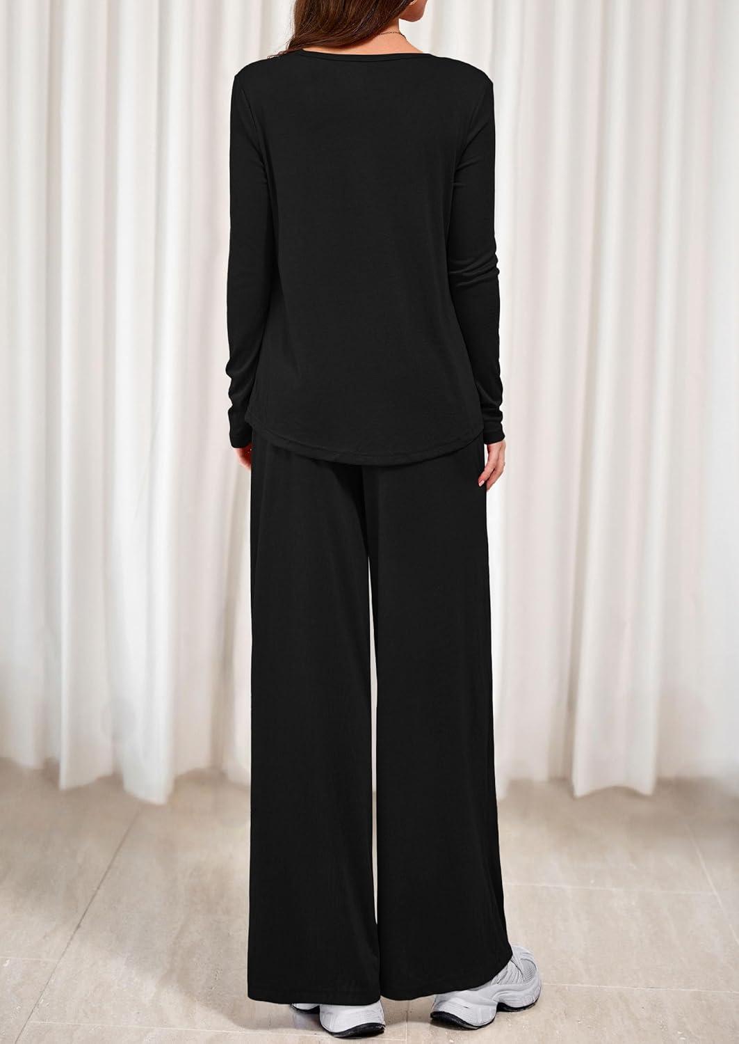 imagePRETTYGARDEN Womens 2 Piece Lounge Fall Sets 2025 Casual Long Sleeve Pajamas Comfy Pants Matching Travel Outfits ClothesBlack