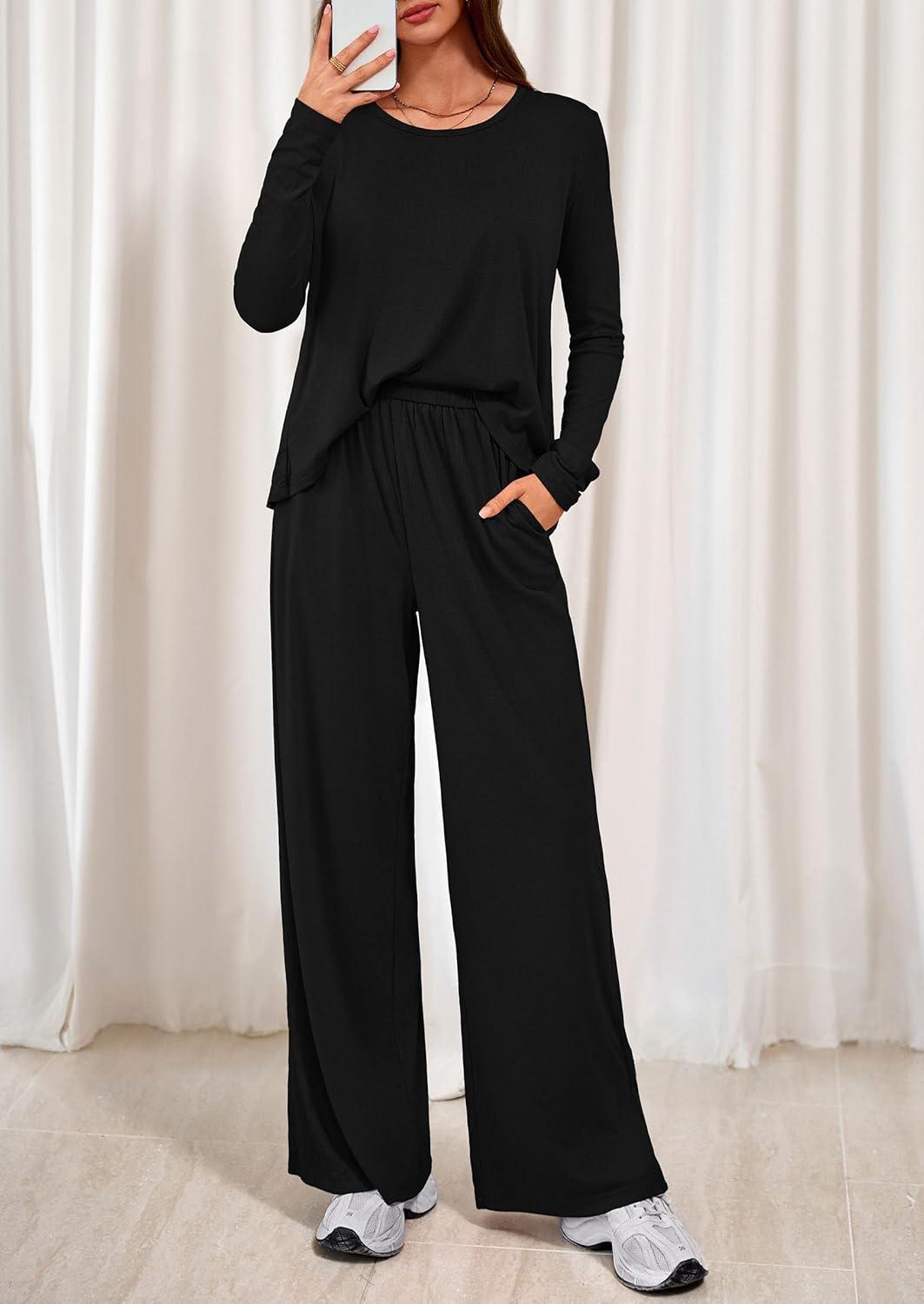 imagePRETTYGARDEN Womens 2 Piece Lounge Fall Sets 2025 Casual Long Sleeve Pajamas Comfy Pants Matching Travel Outfits ClothesBlack