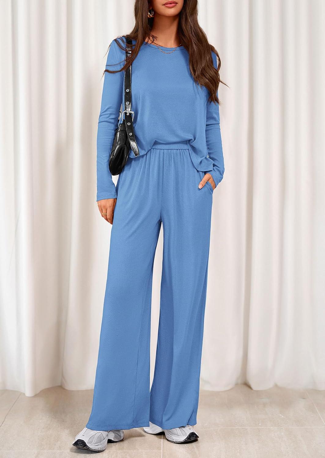 imagePRETTYGARDEN Womens 2 Piece Lounge Fall Sets 2025 Casual Long Sleeve Pajamas Comfy Pants Matching Travel Outfits ClothesBlue