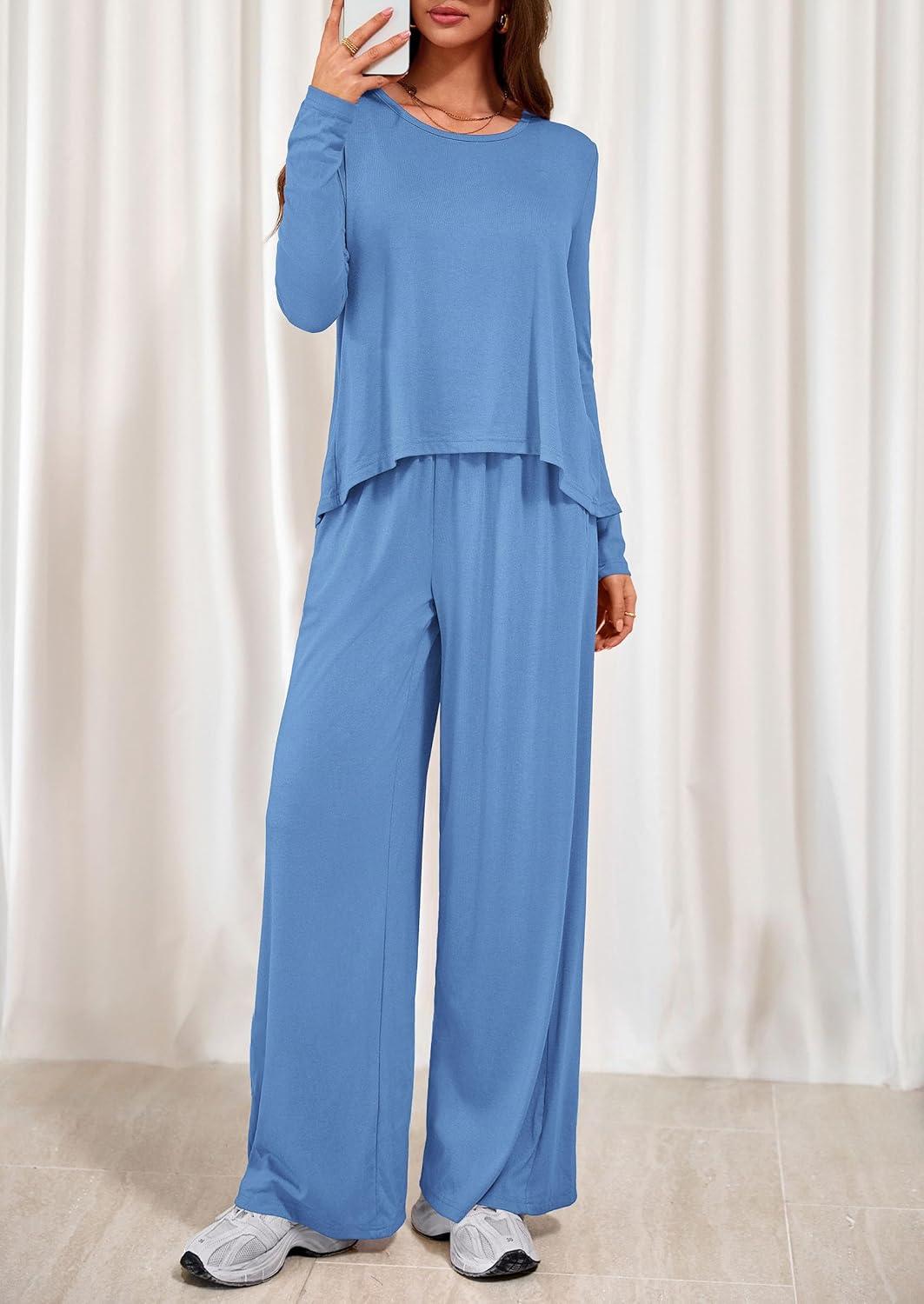 imagePRETTYGARDEN Womens 2 Piece Lounge Fall Sets 2025 Casual Long Sleeve Pajamas Comfy Pants Matching Travel Outfits ClothesBlue