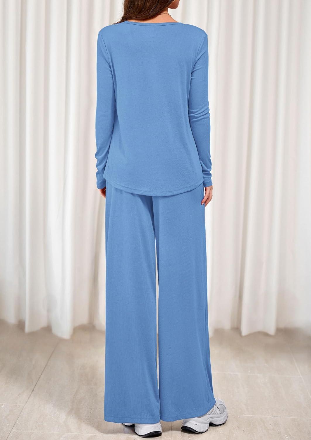 imagePRETTYGARDEN Womens 2 Piece Lounge Fall Sets 2025 Casual Long Sleeve Pajamas Comfy Pants Matching Travel Outfits ClothesBlue