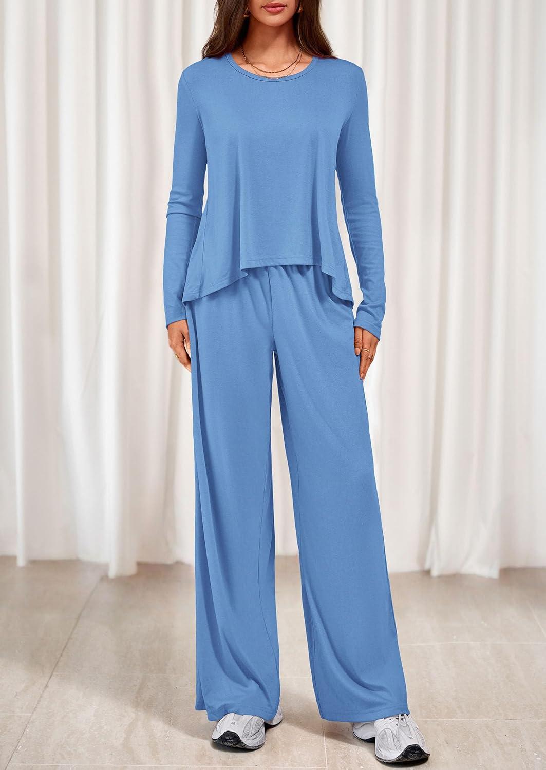 imagePRETTYGARDEN Womens 2 Piece Lounge Fall Sets 2025 Casual Long Sleeve Pajamas Comfy Pants Matching Travel Outfits ClothesBlue