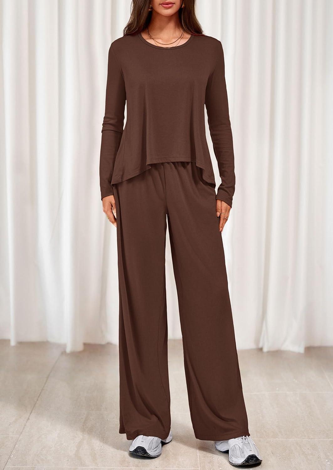 imagePRETTYGARDEN Womens 2 Piece Lounge Fall Sets 2025 Casual Long Sleeve Pajamas Comfy Pants Matching Travel Outfits ClothesBrown