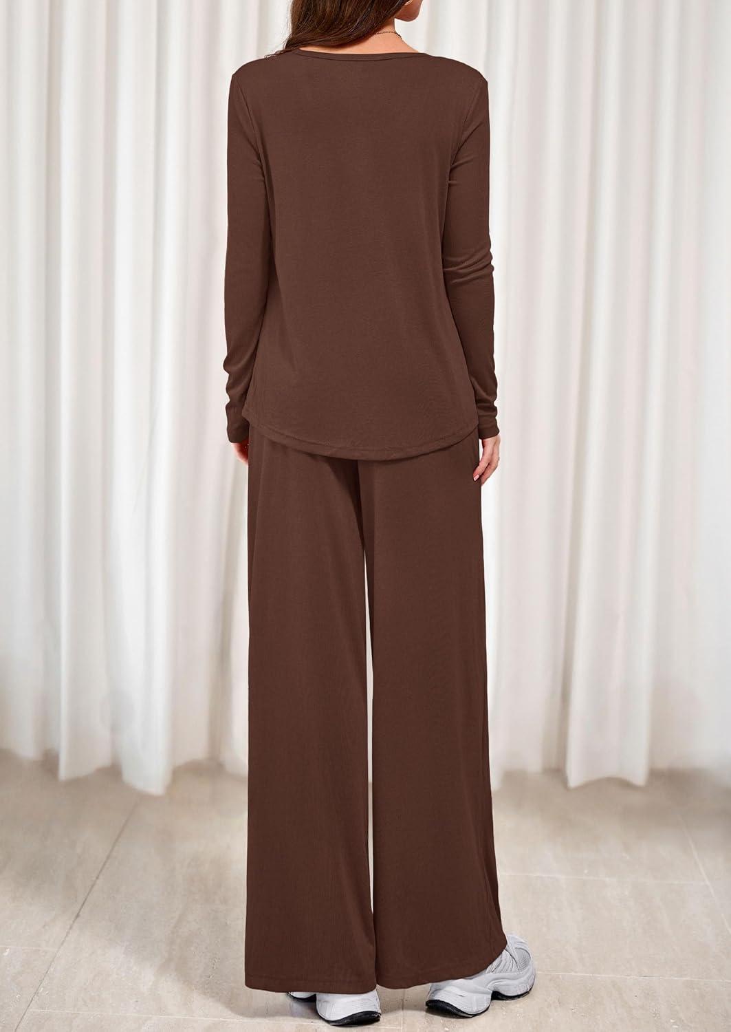 imagePRETTYGARDEN Womens 2 Piece Lounge Fall Sets 2025 Casual Long Sleeve Pajamas Comfy Pants Matching Travel Outfits ClothesBrown