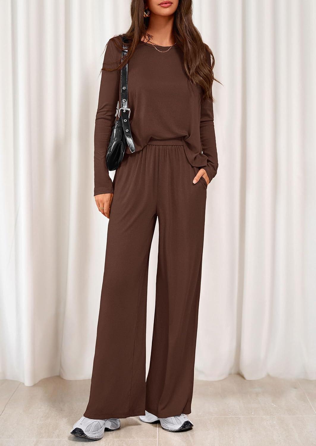 imagePRETTYGARDEN Womens 2 Piece Lounge Fall Sets 2025 Casual Long Sleeve Pajamas Comfy Pants Matching Travel Outfits ClothesBrown