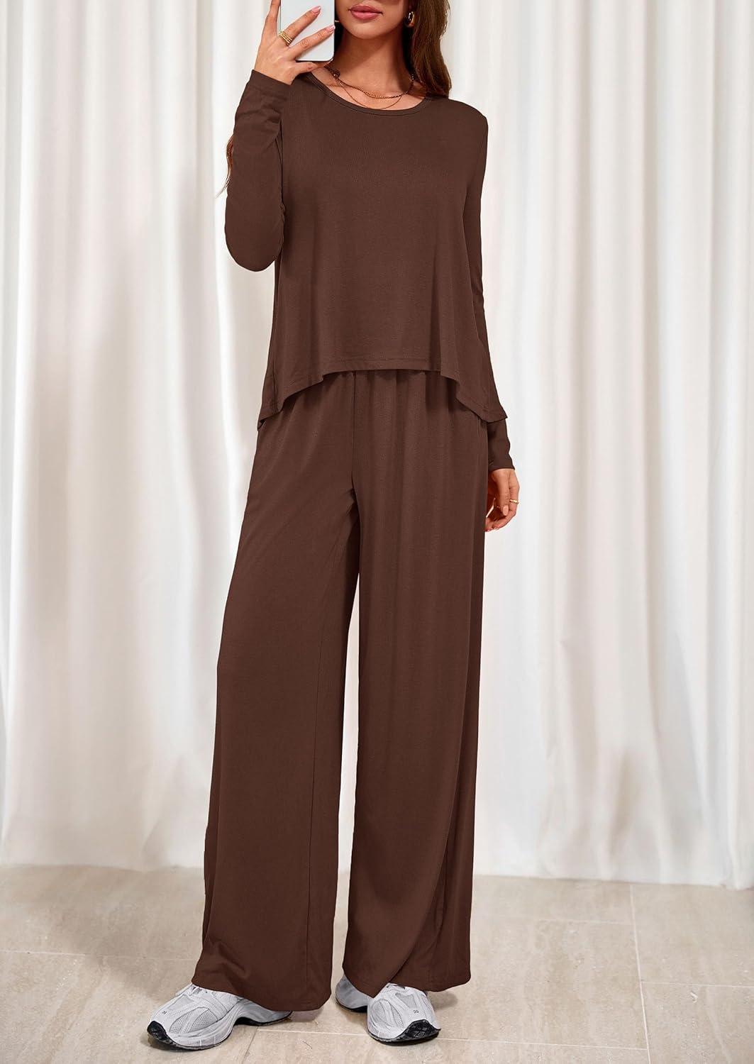 imagePRETTYGARDEN Womens 2 Piece Lounge Fall Sets 2025 Casual Long Sleeve Pajamas Comfy Pants Matching Travel Outfits ClothesBrown