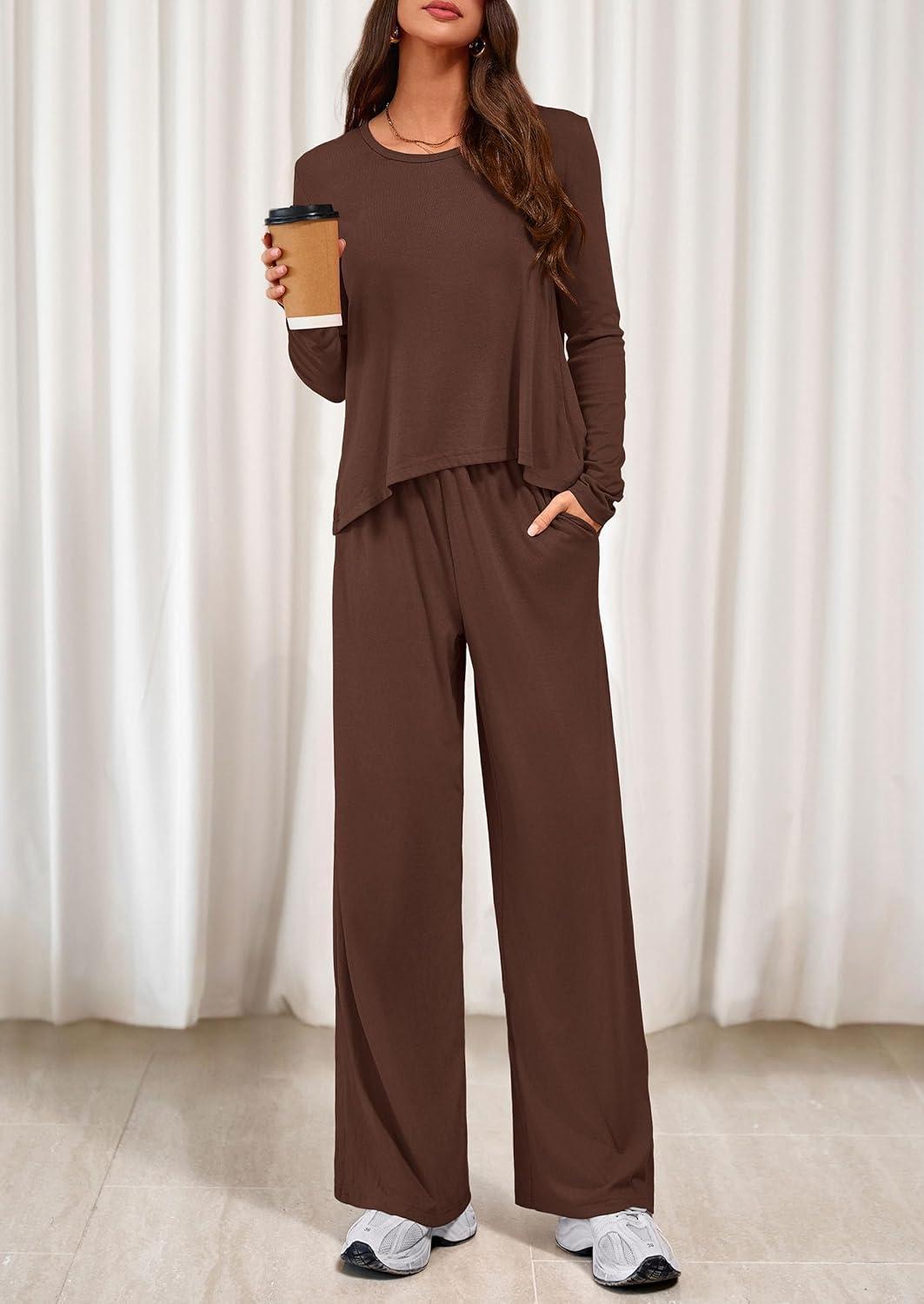 imagePRETTYGARDEN Womens 2 Piece Lounge Fall Sets 2025 Casual Long Sleeve Pajamas Comfy Pants Matching Travel Outfits ClothesBrown