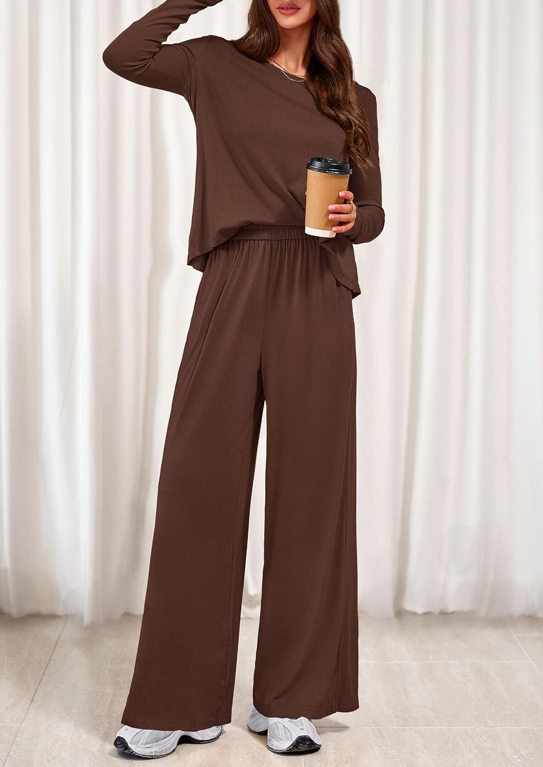 imagePRETTYGARDEN Womens 2 Piece Lounge Fall Sets 2025 Casual Long Sleeve Pajamas Comfy Pants Matching Travel Outfits ClothesBrown