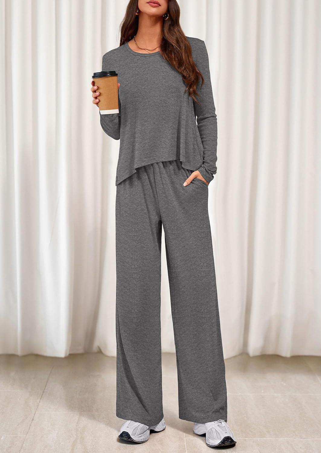imagePRETTYGARDEN Womens 2 Piece Lounge Fall Sets 2025 Casual Long Sleeve Pajamas Comfy Pants Matching Travel Outfits ClothesDark Grey