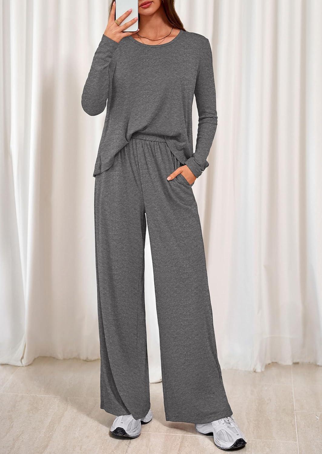 imagePRETTYGARDEN Womens 2 Piece Lounge Fall Sets 2025 Casual Long Sleeve Pajamas Comfy Pants Matching Travel Outfits ClothesDark Grey