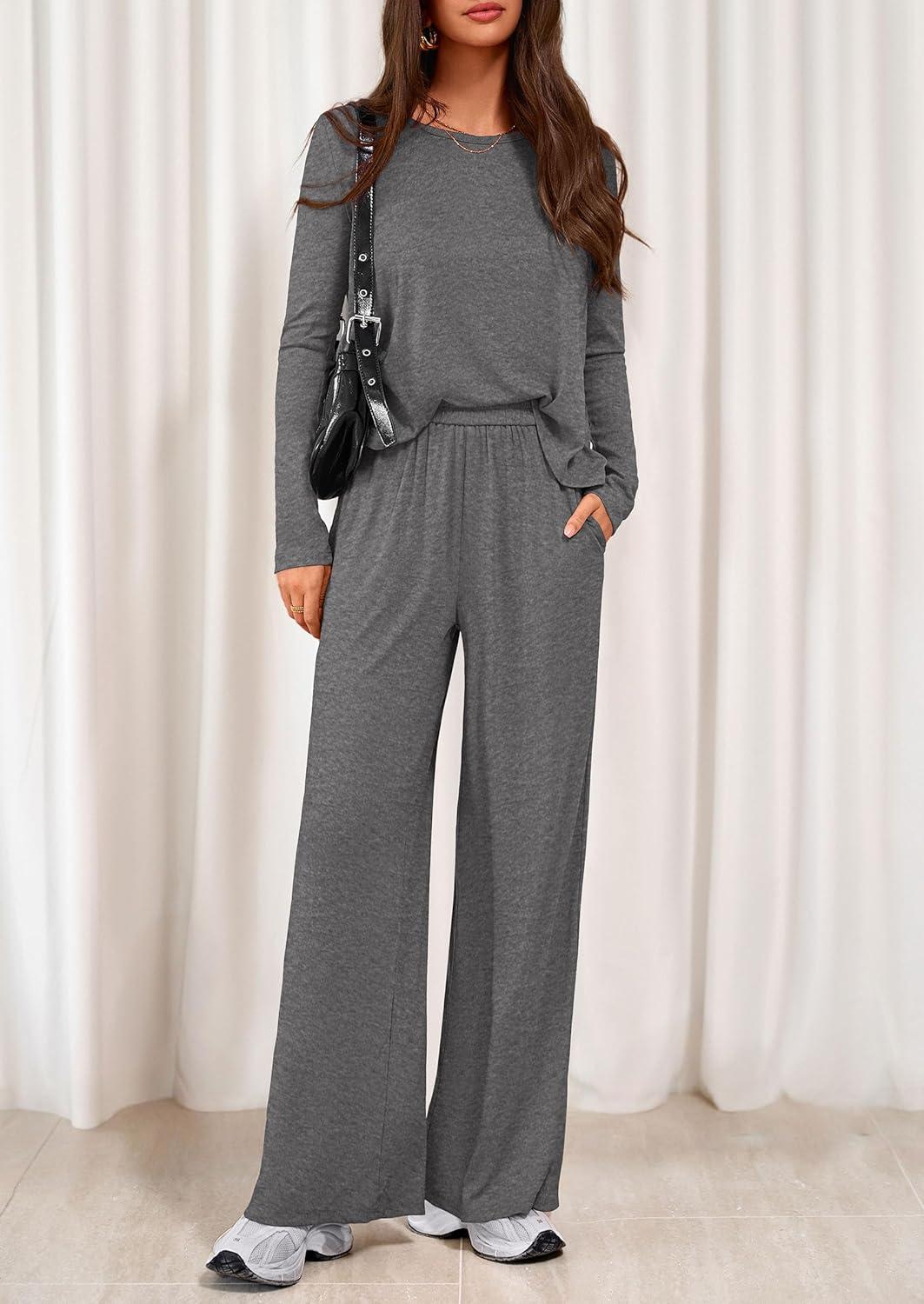 imagePRETTYGARDEN Womens 2 Piece Lounge Fall Sets 2025 Casual Long Sleeve Pajamas Comfy Pants Matching Travel Outfits ClothesDark Grey