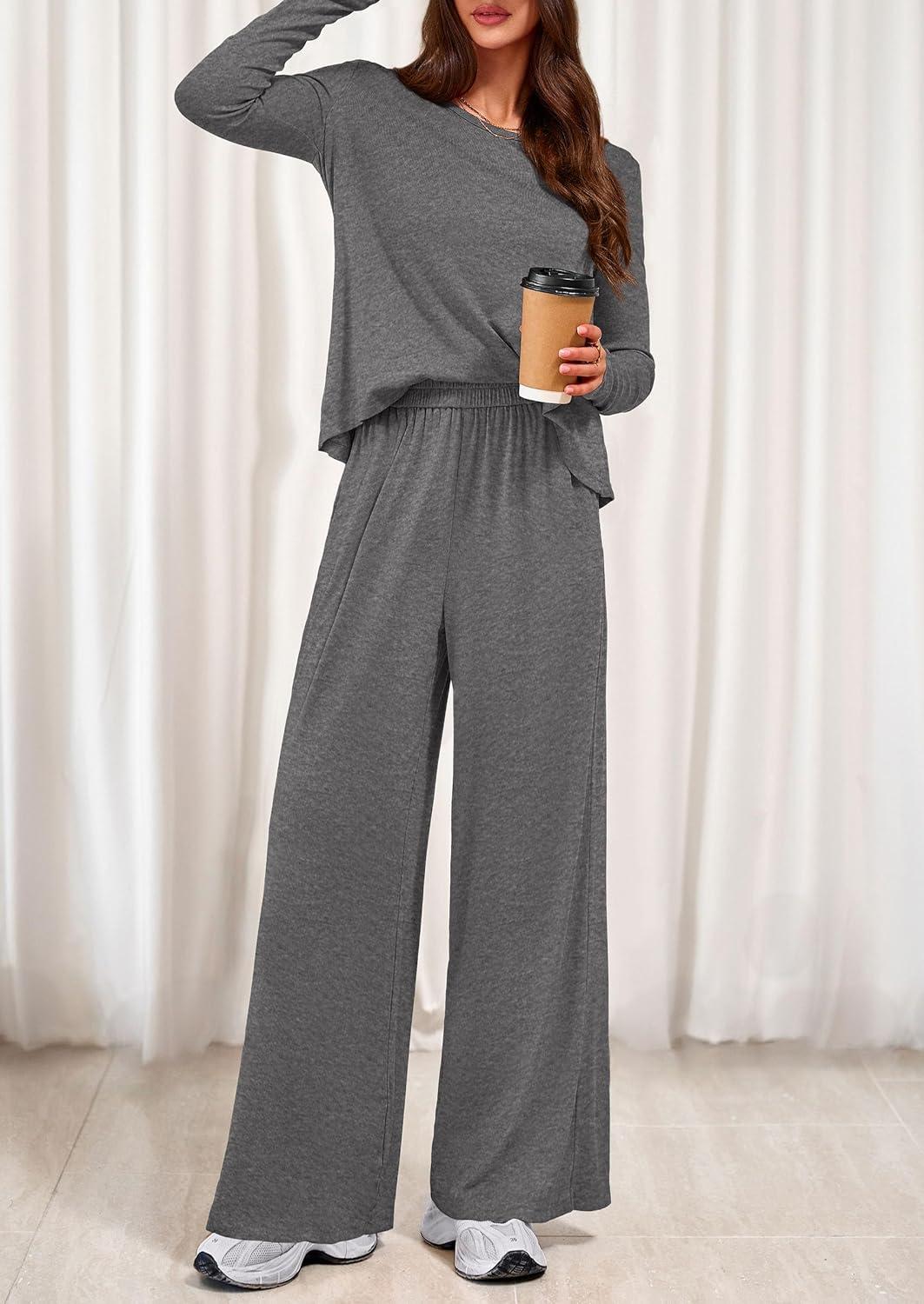imagePRETTYGARDEN Womens 2 Piece Lounge Fall Sets 2025 Casual Long Sleeve Pajamas Comfy Pants Matching Travel Outfits ClothesDark Grey