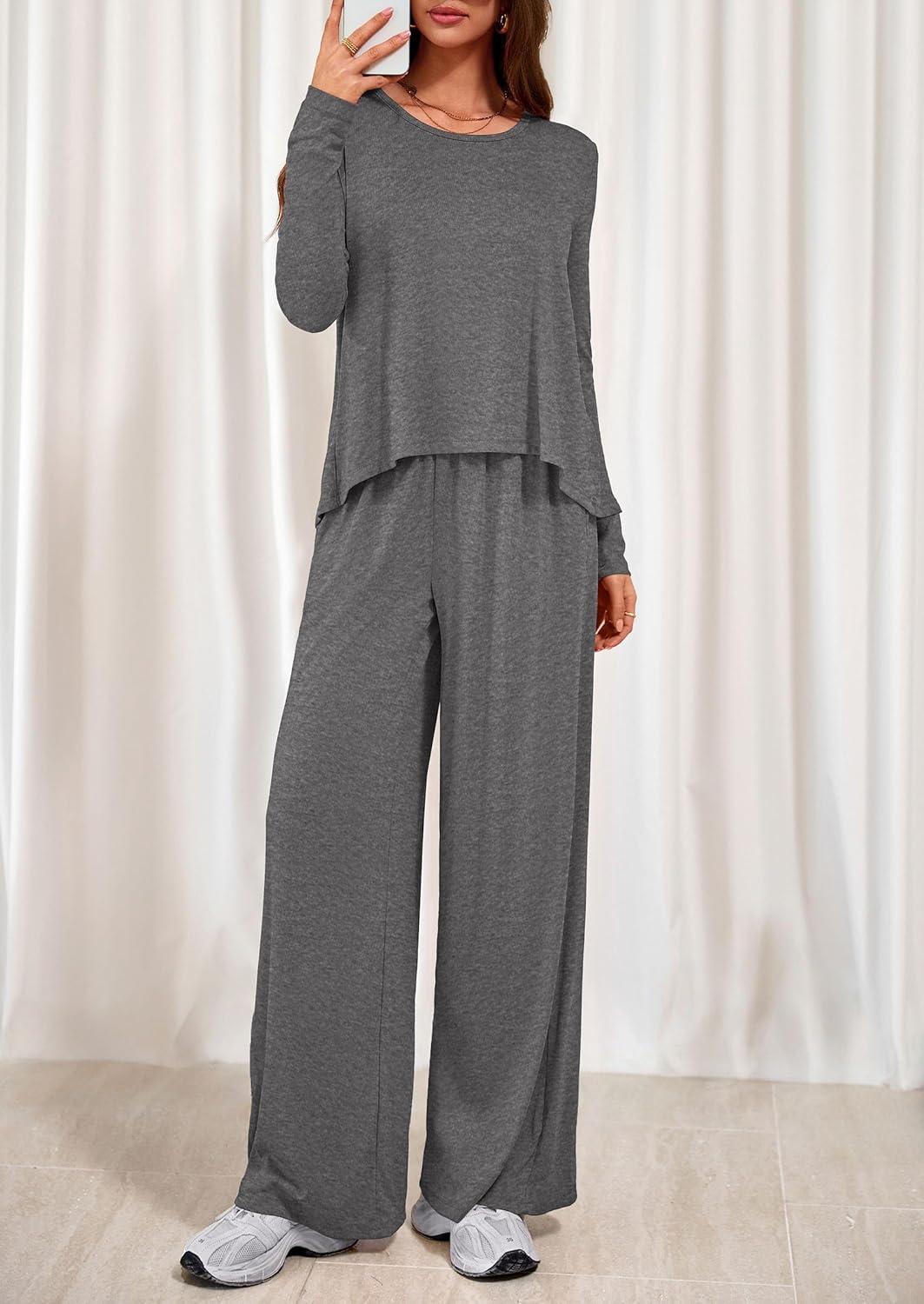 imagePRETTYGARDEN Womens 2 Piece Lounge Fall Sets 2025 Casual Long Sleeve Pajamas Comfy Pants Matching Travel Outfits ClothesDark Grey