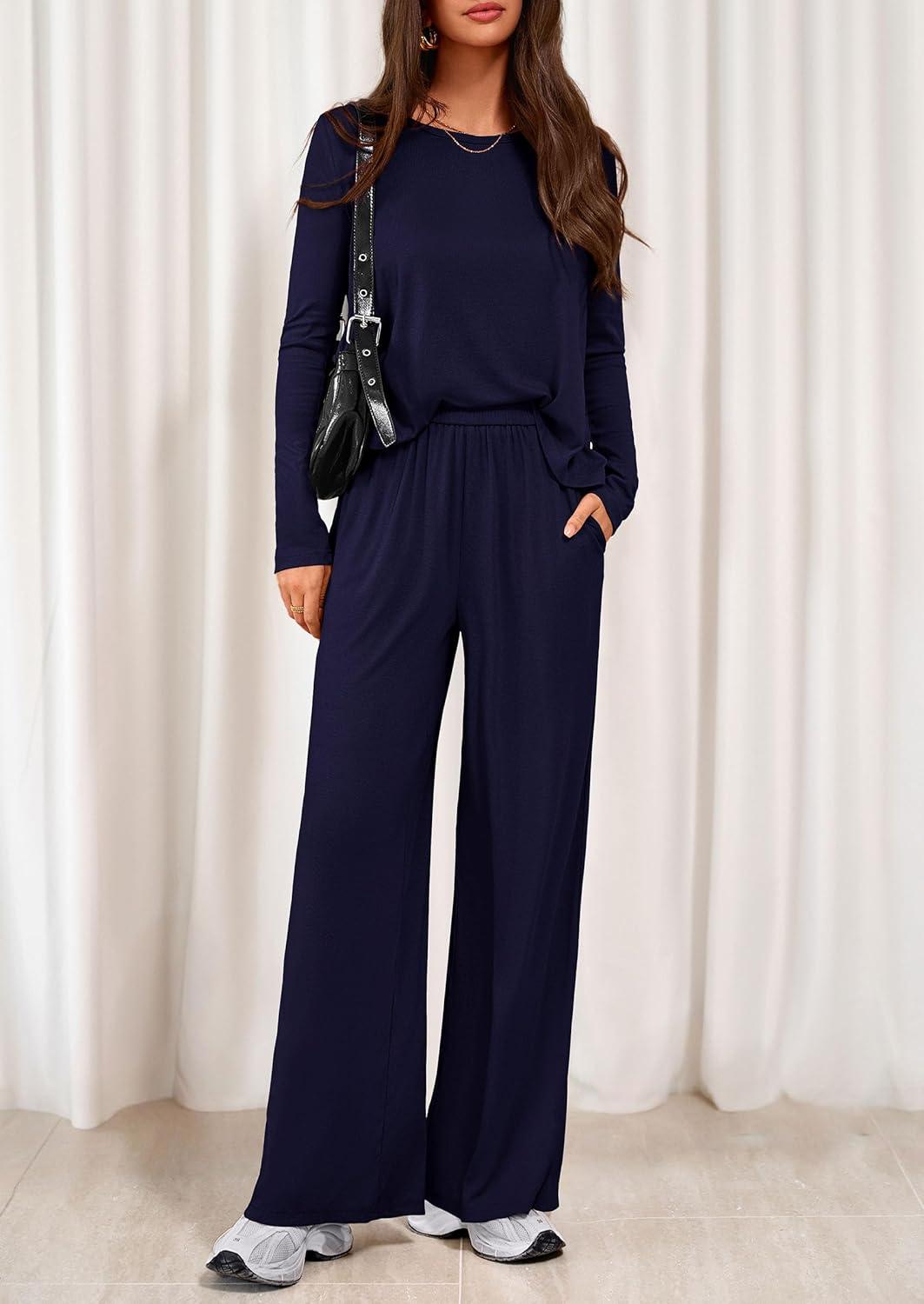 imagePRETTYGARDEN Womens 2 Piece Lounge Fall Sets 2025 Casual Long Sleeve Pajamas Comfy Pants Matching Travel Outfits ClothesNavy Blue