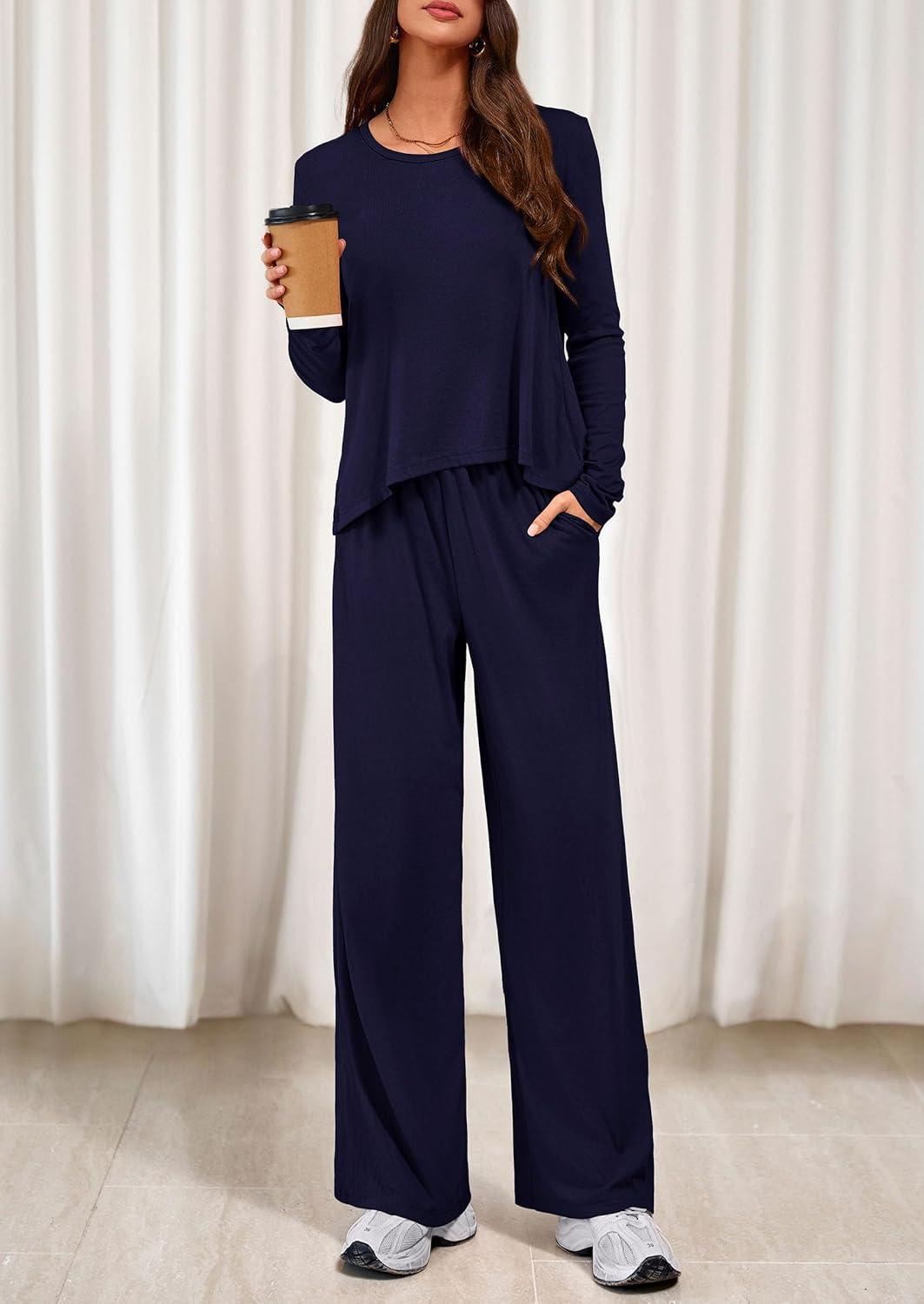 imagePRETTYGARDEN Womens 2 Piece Lounge Fall Sets 2025 Casual Long Sleeve Pajamas Comfy Pants Matching Travel Outfits ClothesNavy Blue