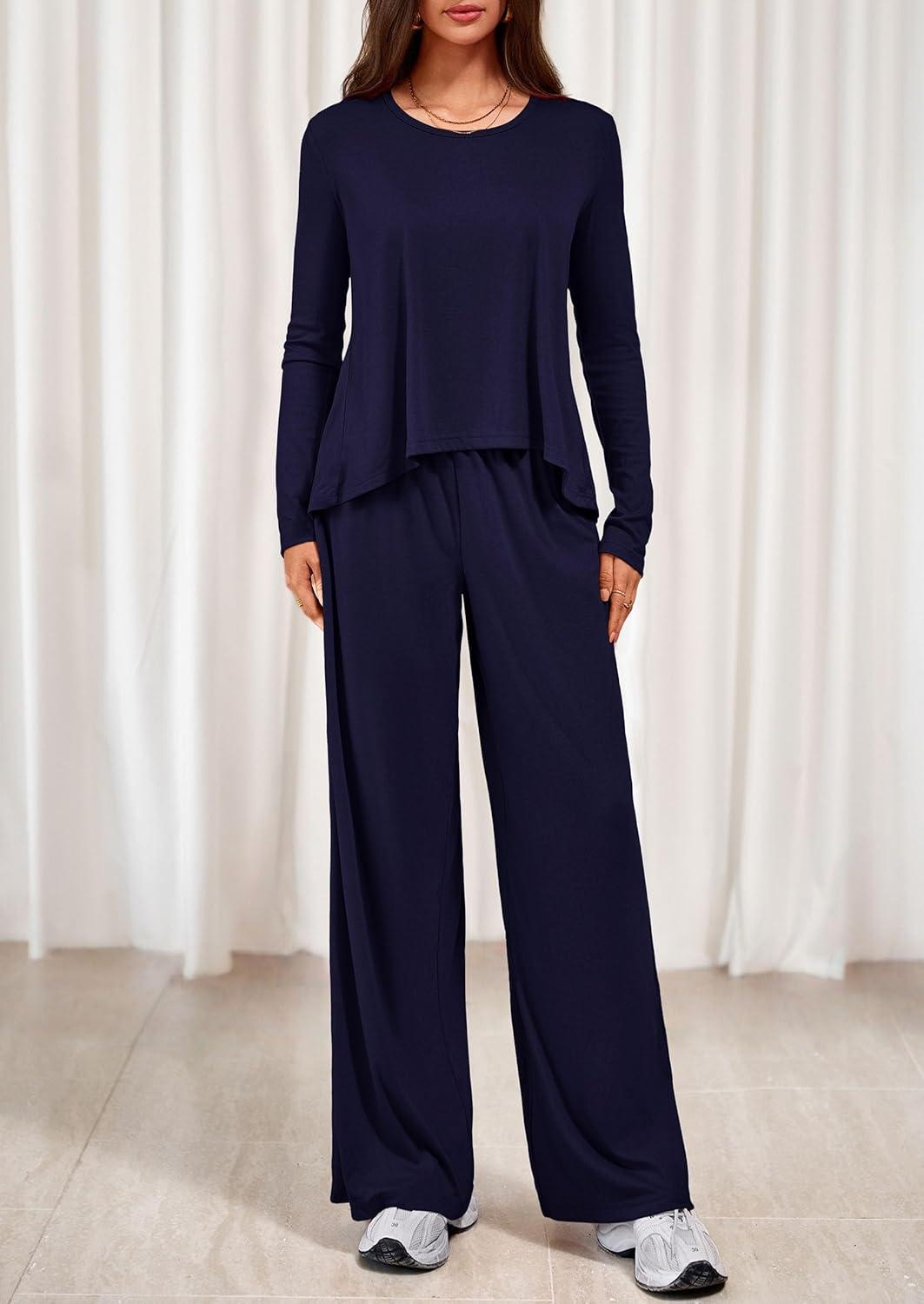 imagePRETTYGARDEN Womens 2 Piece Lounge Fall Sets 2025 Casual Long Sleeve Pajamas Comfy Pants Matching Travel Outfits ClothesNavy Blue