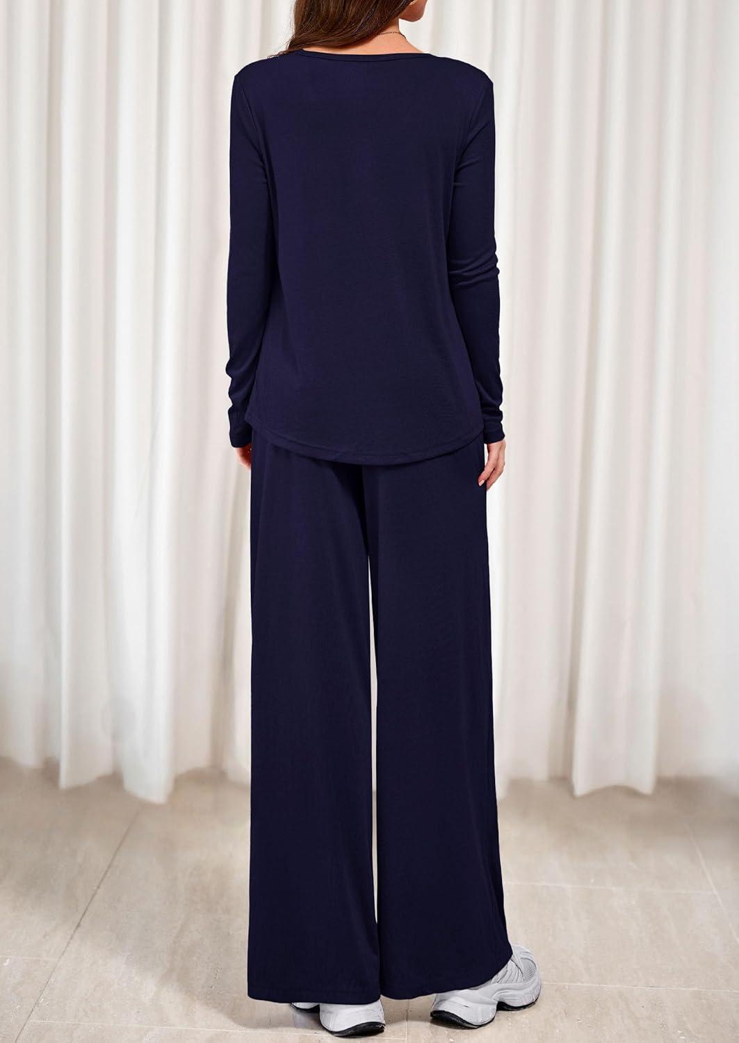 imagePRETTYGARDEN Womens 2 Piece Lounge Fall Sets 2025 Casual Long Sleeve Pajamas Comfy Pants Matching Travel Outfits ClothesNavy Blue