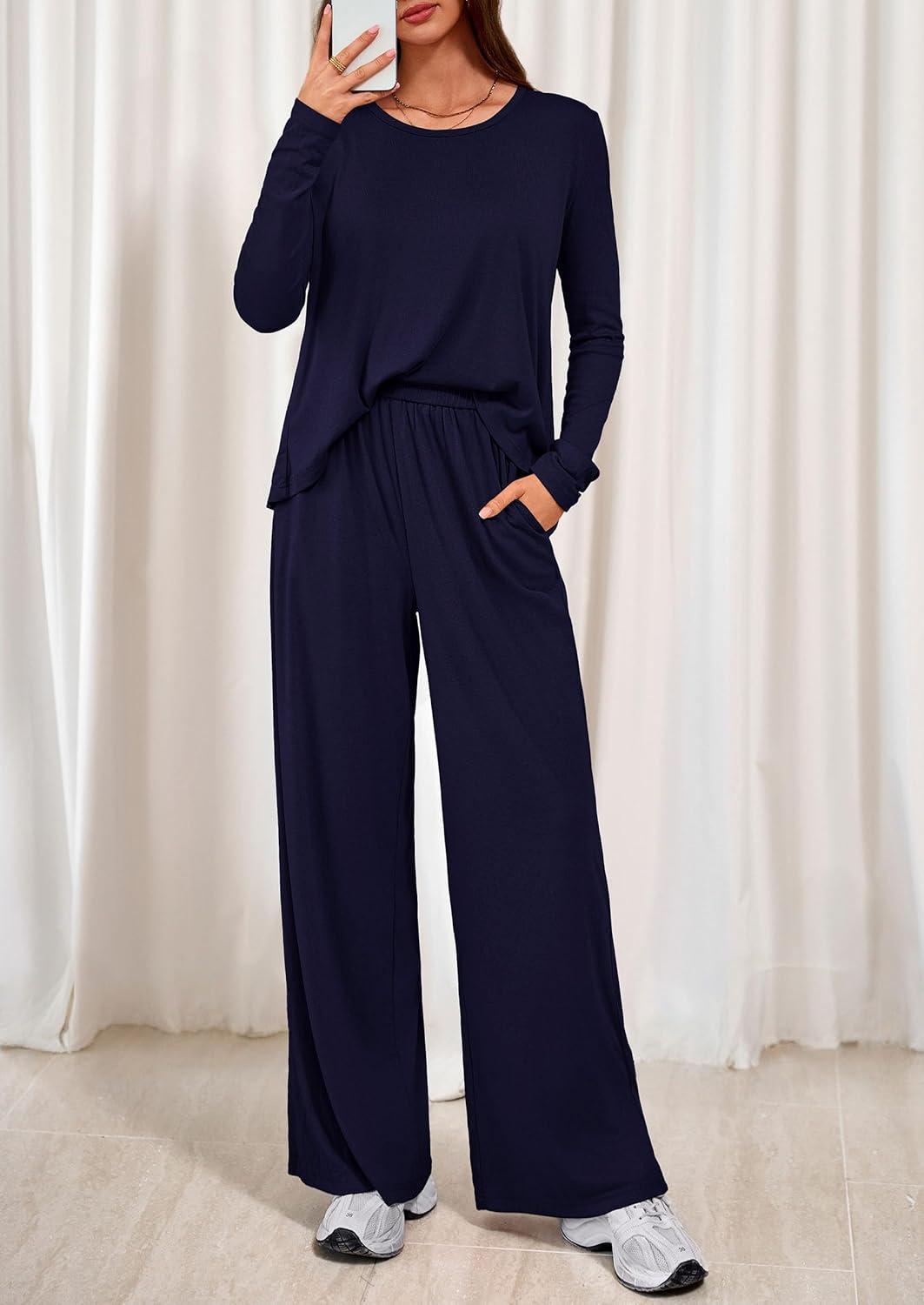 imagePRETTYGARDEN Womens 2 Piece Lounge Fall Sets 2025 Casual Long Sleeve Pajamas Comfy Pants Matching Travel Outfits ClothesNavy Blue