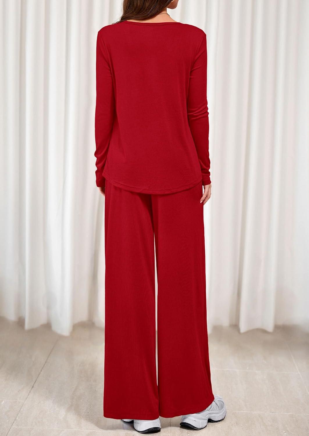 imagePRETTYGARDEN Womens 2 Piece Lounge Fall Sets 2025 Casual Long Sleeve Pajamas Comfy Pants Matching Travel Outfits ClothesRed