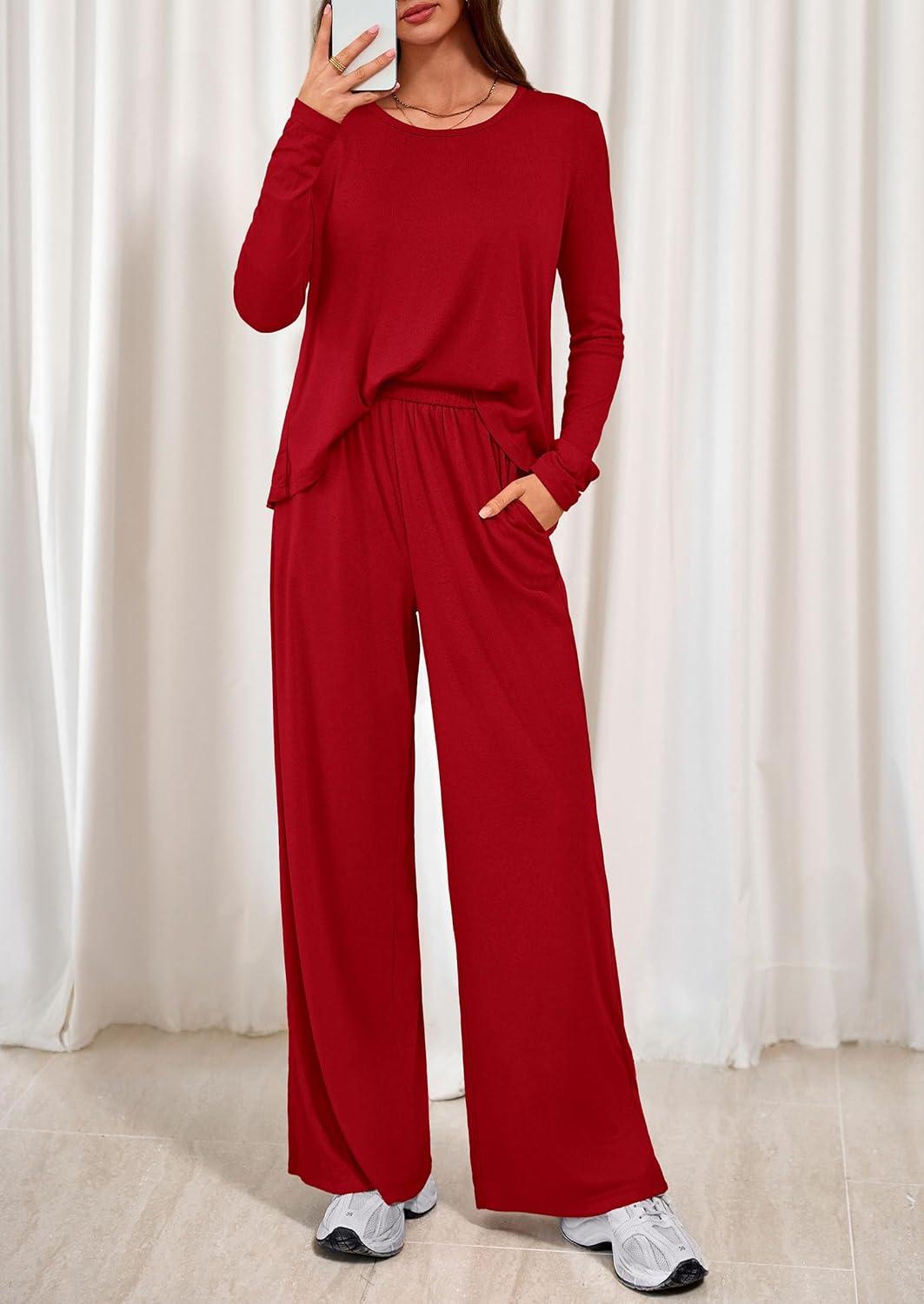 imagePRETTYGARDEN Womens 2 Piece Lounge Fall Sets 2025 Casual Long Sleeve Pajamas Comfy Pants Matching Travel Outfits ClothesRed