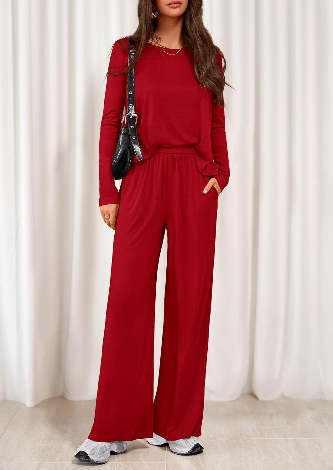 imagePRETTYGARDEN Womens 2 Piece Lounge Fall Sets 2025 Casual Long Sleeve Pajamas Comfy Pants Matching Travel Outfits ClothesRed