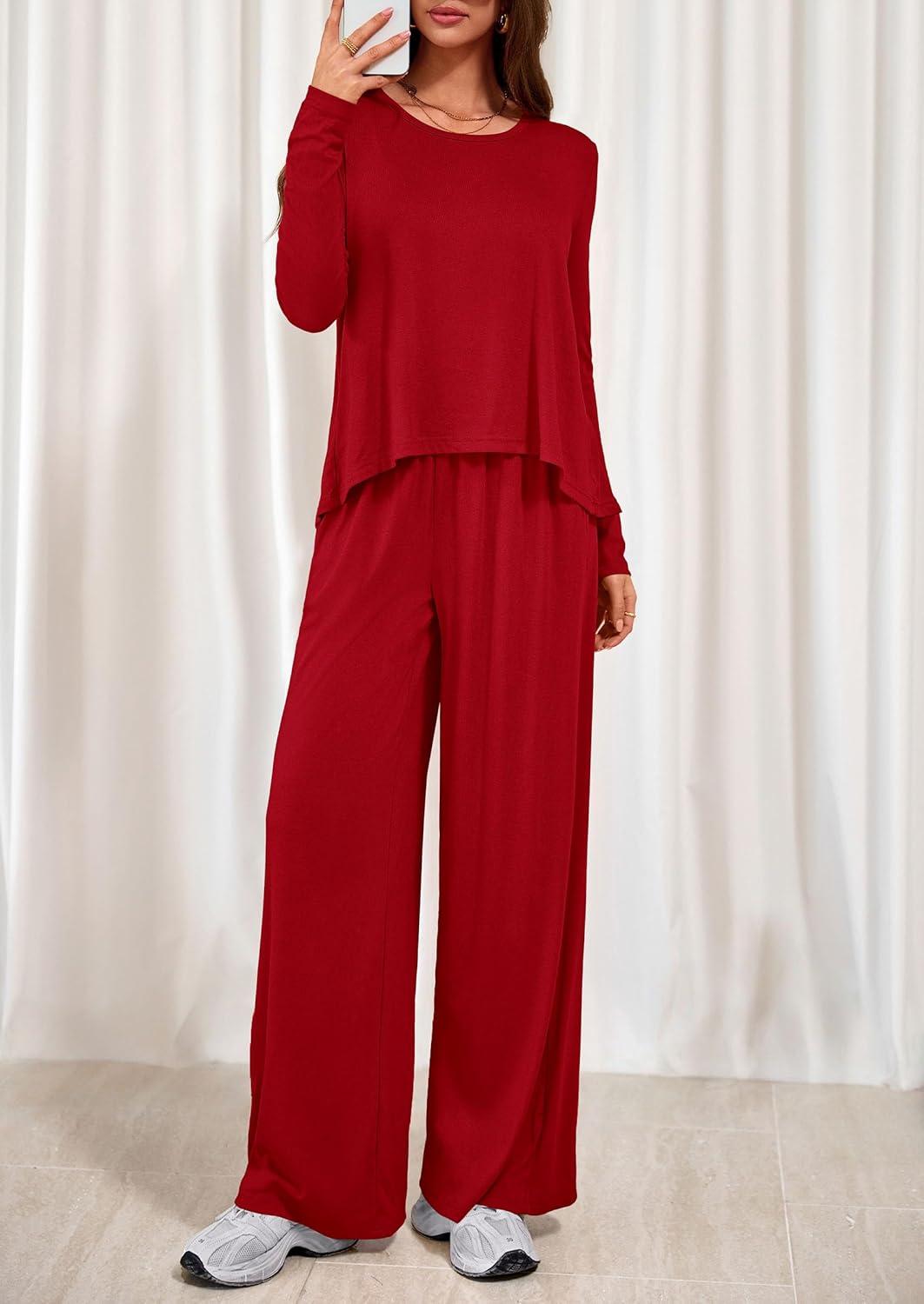 imagePRETTYGARDEN Womens 2 Piece Lounge Fall Sets 2025 Casual Long Sleeve Pajamas Comfy Pants Matching Travel Outfits ClothesRed