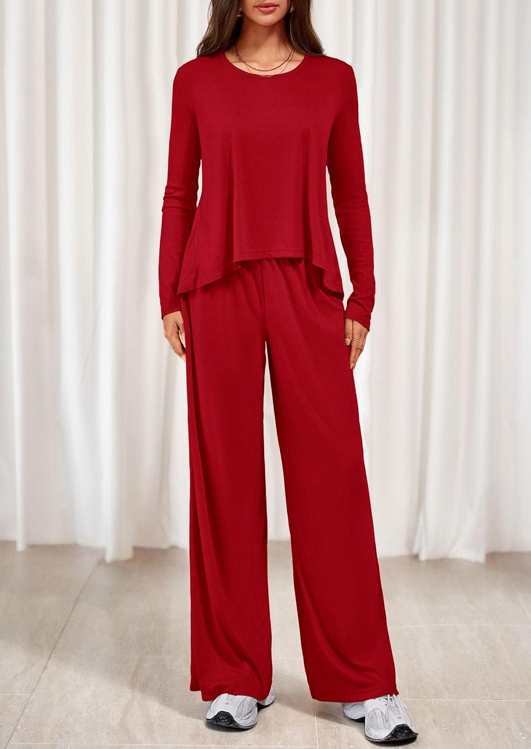 imagePRETTYGARDEN Womens 2 Piece Lounge Fall Sets 2025 Casual Long Sleeve Pajamas Comfy Pants Matching Travel Outfits ClothesRed