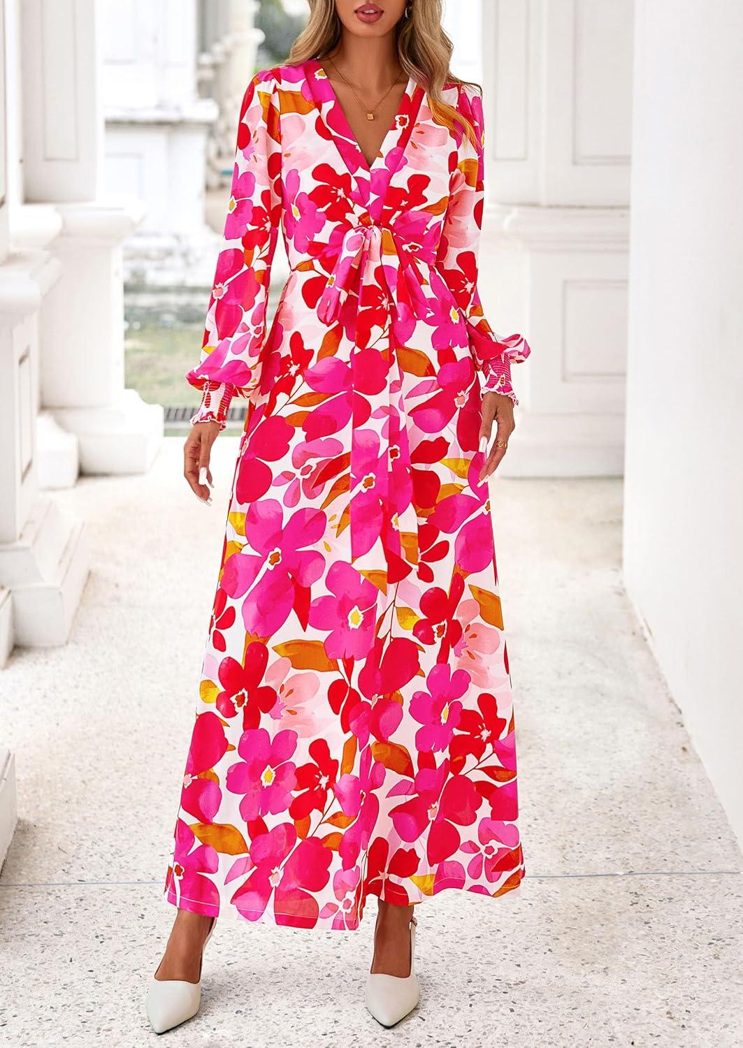 imagePRETTYGARDEN Womens 2025 Fall Wedding Guest Dresses Floral Long Sleeve V Neck Belted Long Flowy Boho Maxi DressFloral White Rose Red